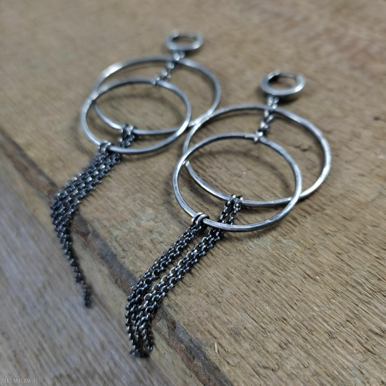 Kolczyki koła z łańcuszkami - srebro 925 oksydowane, 11 cm