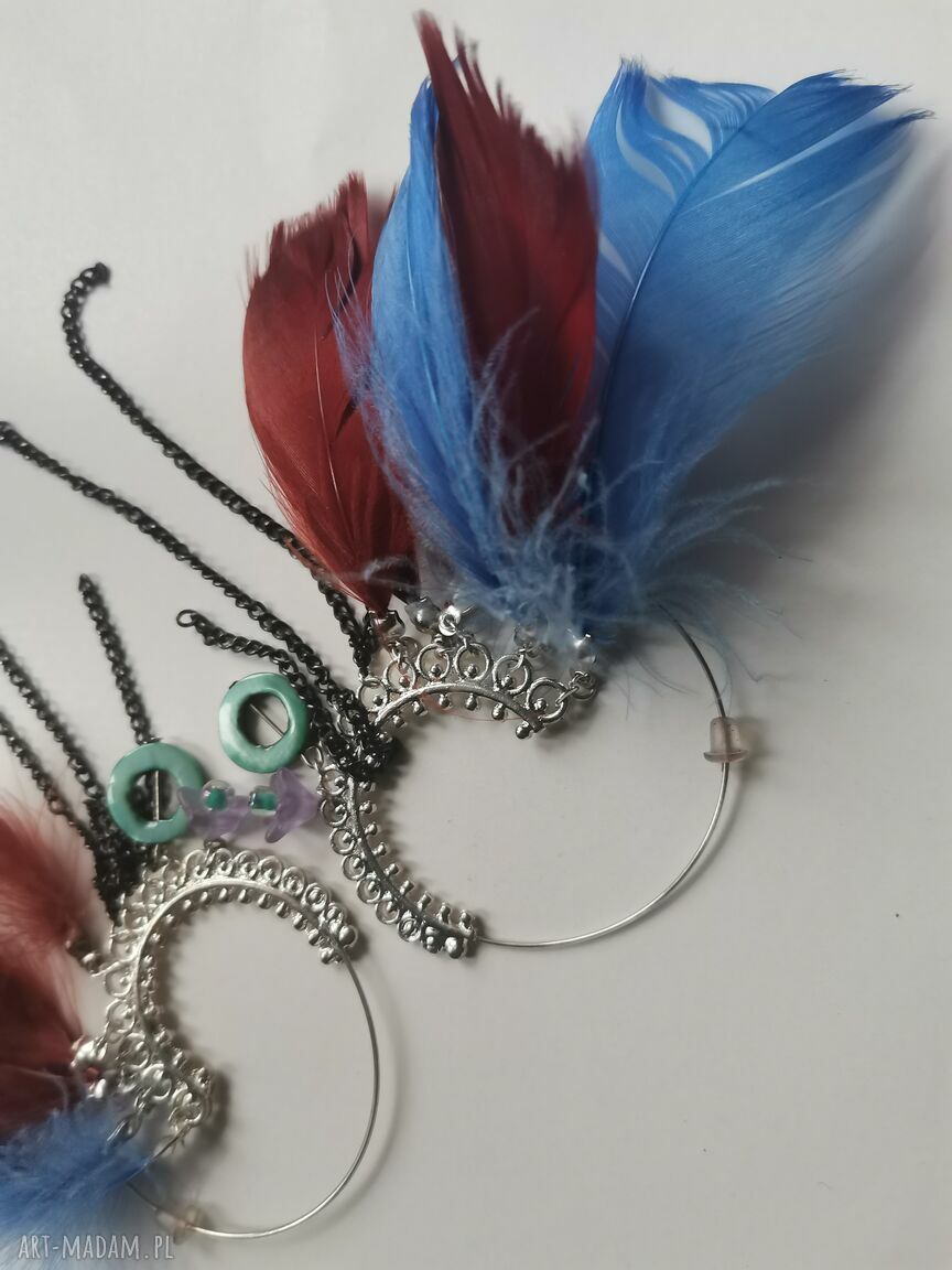 Kolczyki koła z piórami - etno boho, kolorowe i lekkie