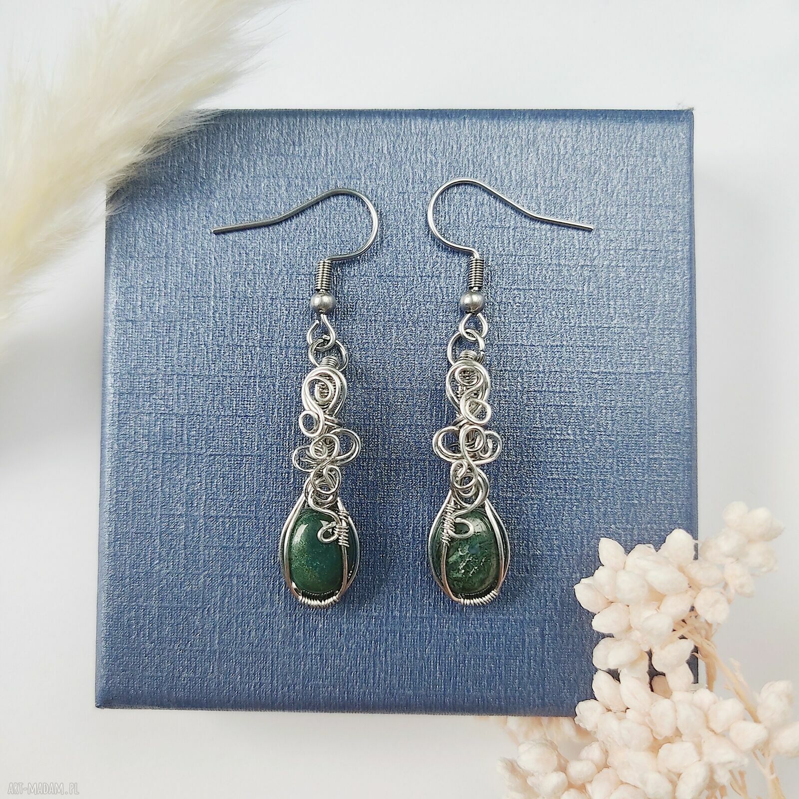 Kolczyki z agatem mszystym ze stali chirurgicznej - handmade wirewrapping