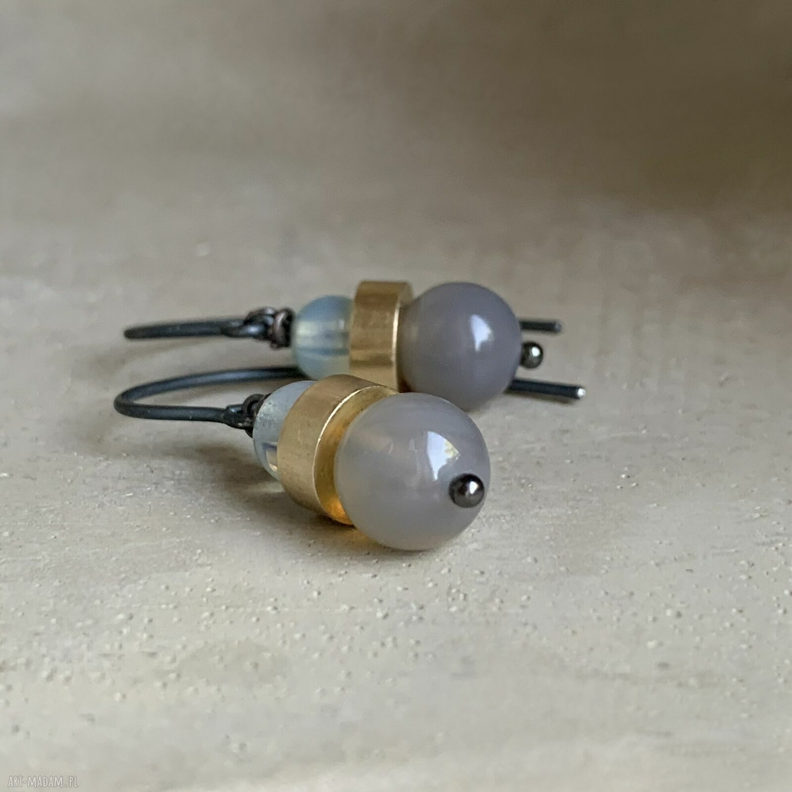 Kolczyki Ashy Agate & Misty Opalite - mosiądz, agat i opalit