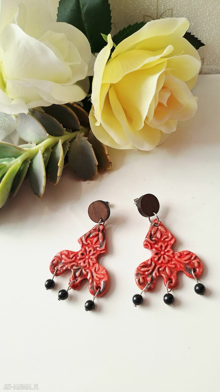 Kolczyki ceramiczne z obsydianem i drewnem boho