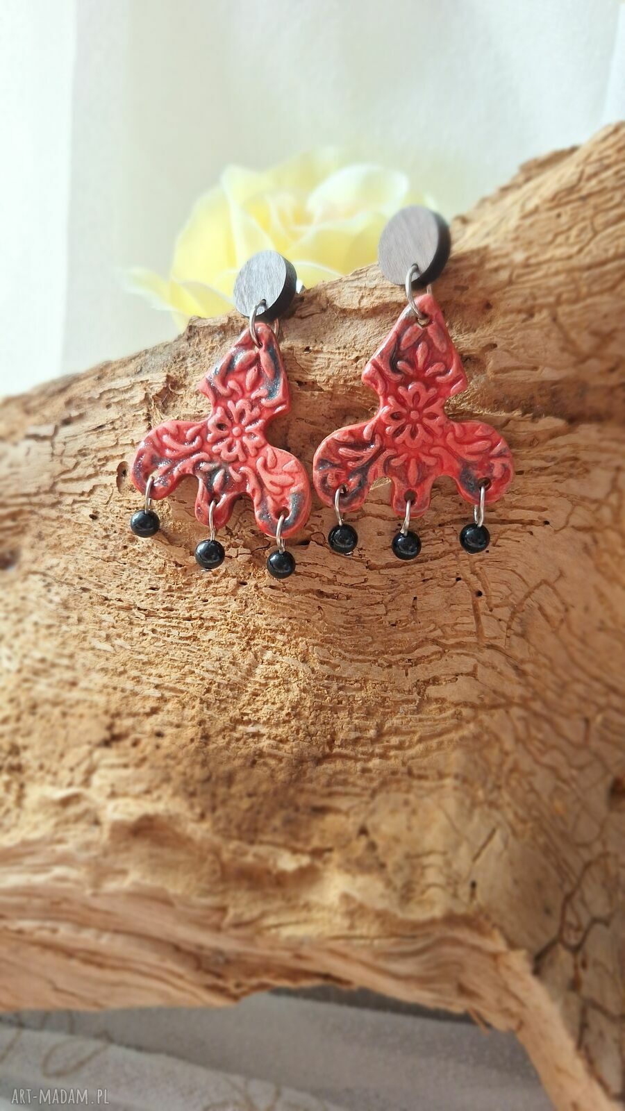 Kolczyki ceramiczne z obsydianem i drewnem boho
