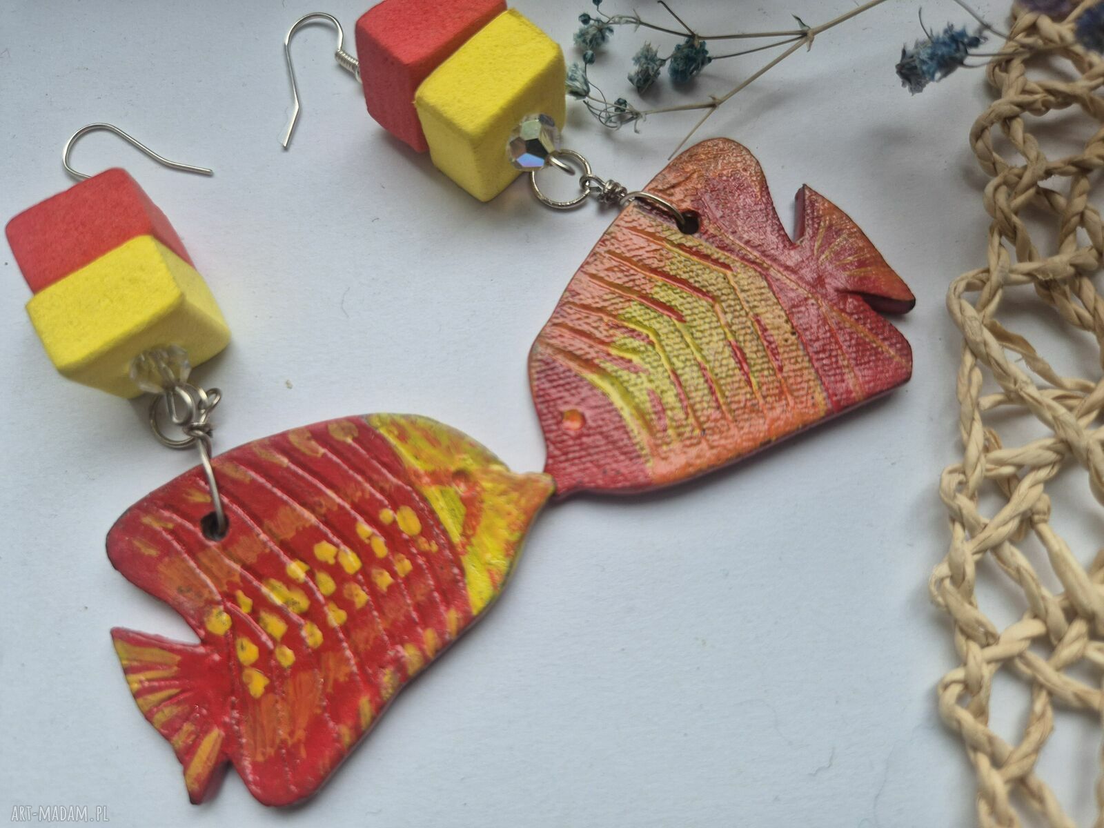 Kolczyki ceramiczne ryby - pojedyncza sztuka boho folk Ruda Klara