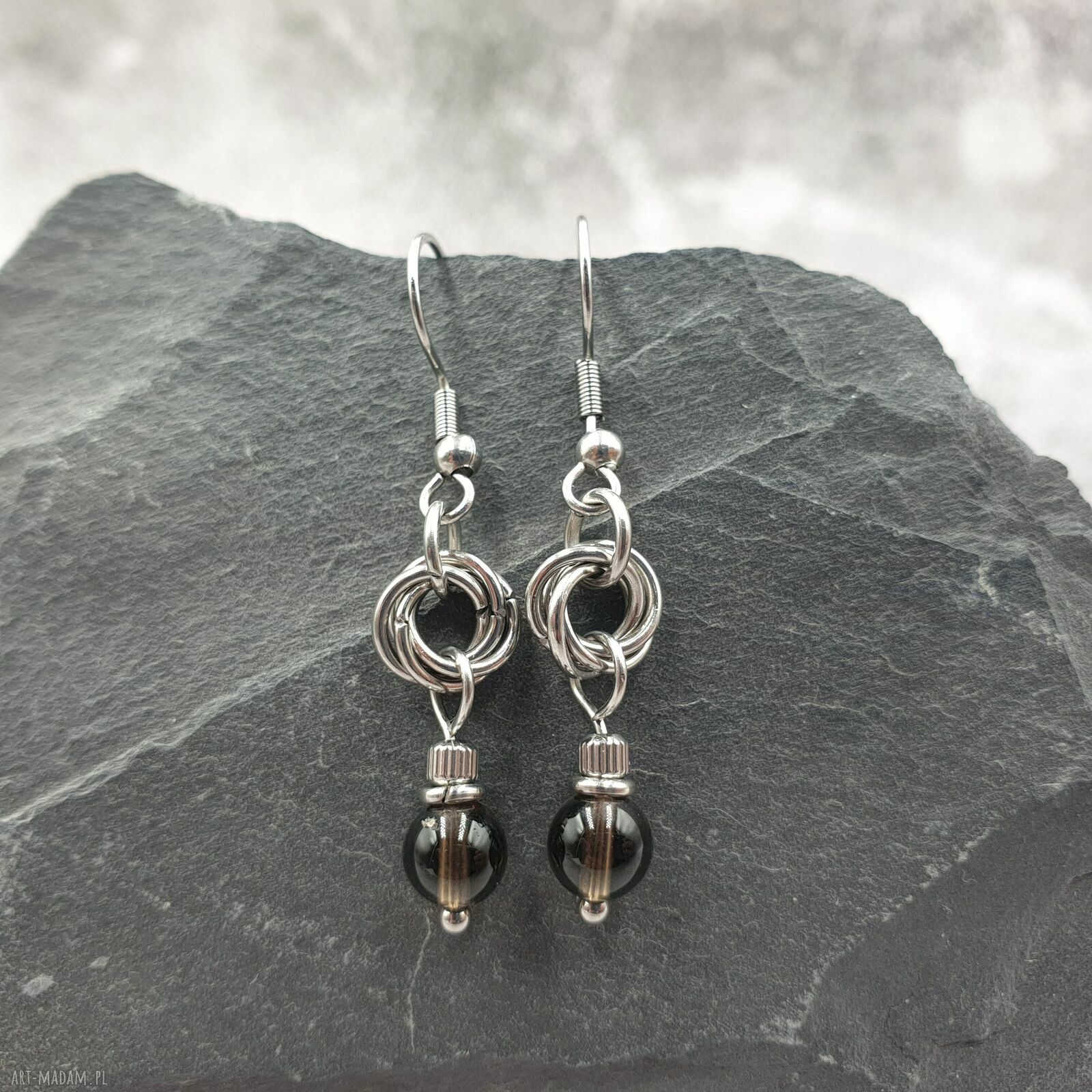 Kolczyki chainmaille z kwarcem dymnym