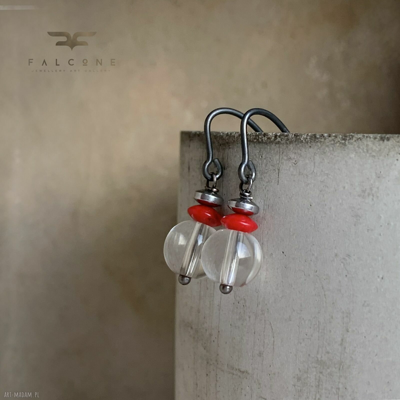 Kolczyki Crystal & Red Accent - kryształ i czerwony koral w srebrnych biglach 925