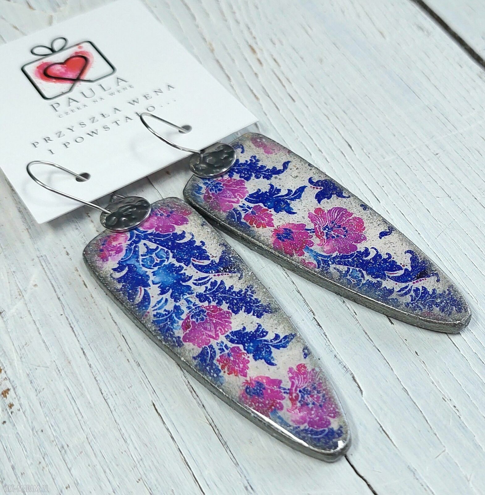 Wakacyjne kolczyki decoupage z kwiatami vintage - żywica i stal chirurgiczna