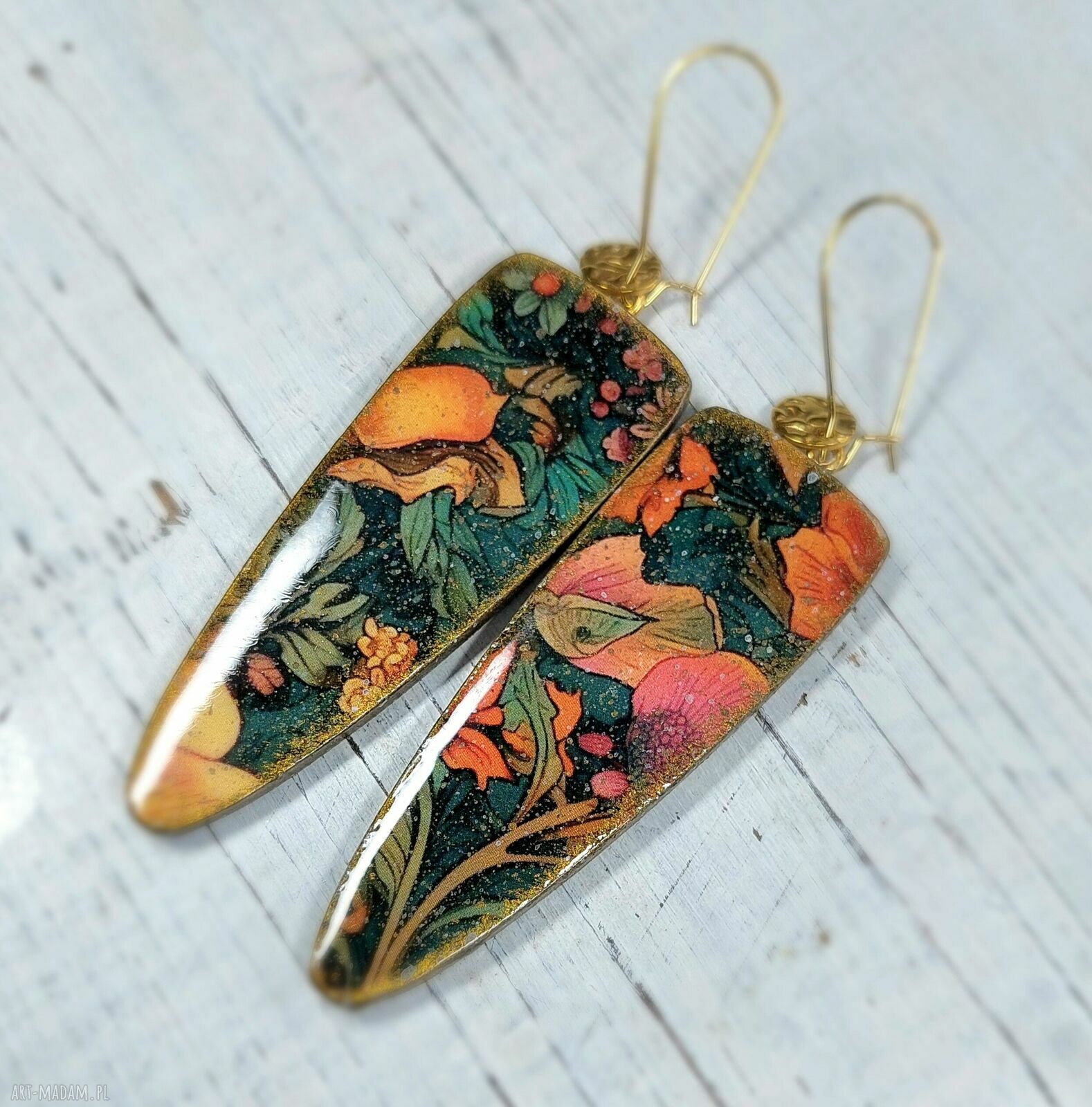 Kolczyki decoupage Orientalne Kwiaty w secesyjnym stylu - stal chirurgiczna i żywica