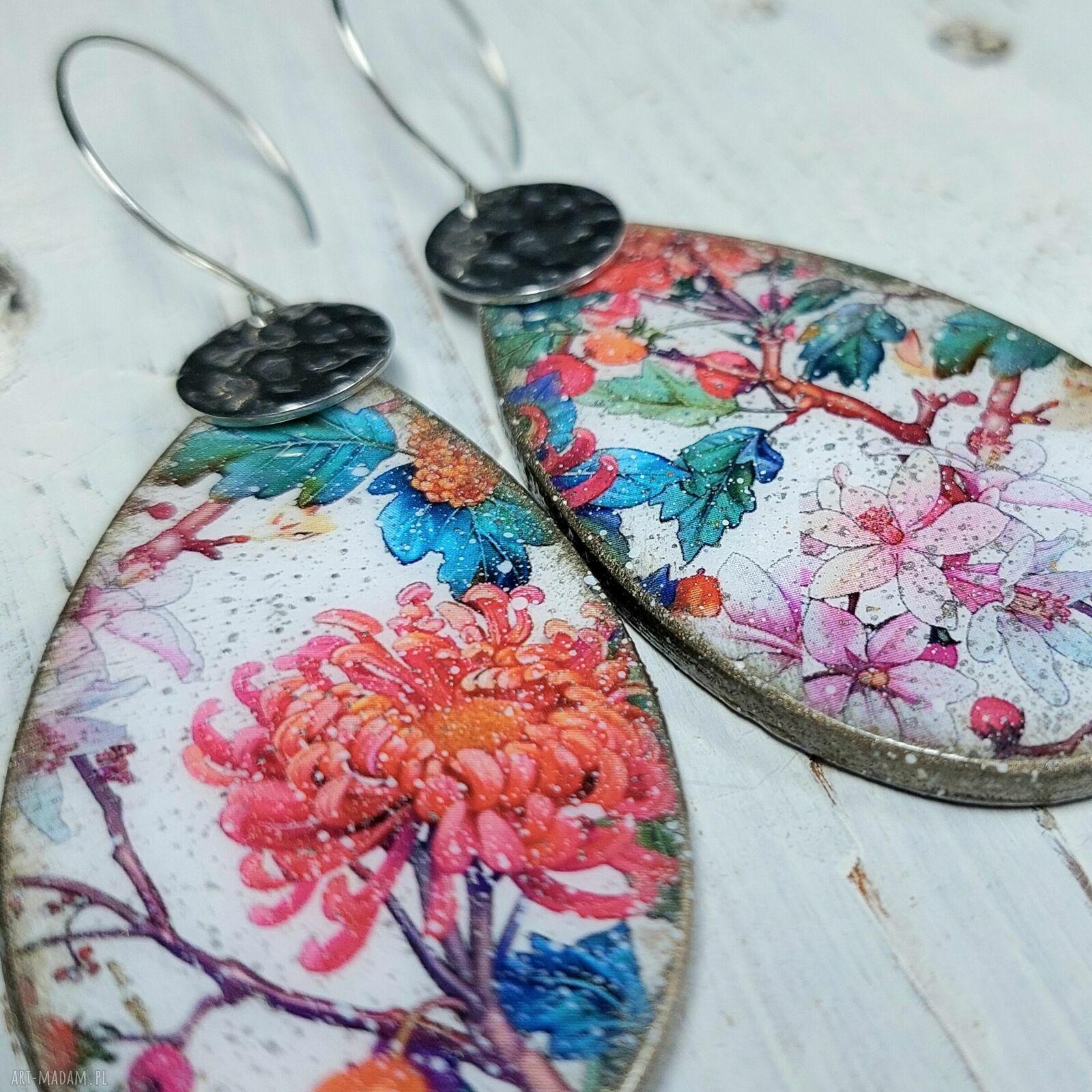 Kolczyki decoupage orientalne z kwiatami na stali chirurgicznej