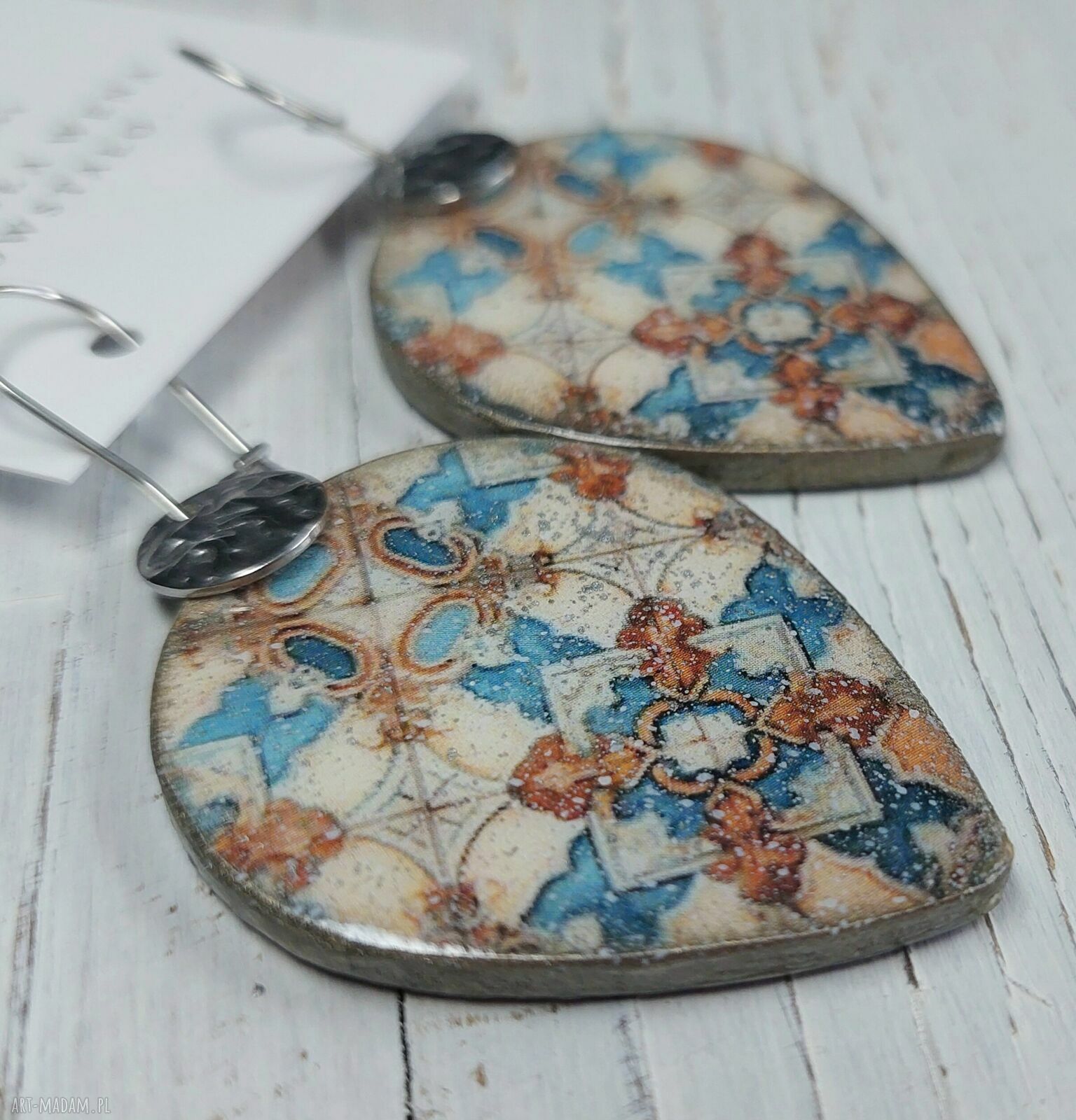 Kolczyki decoupage Kafle vintage - niebieskie, brązowe i srebrne