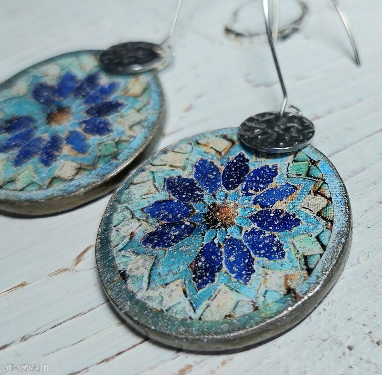 Kolczyki decoupage orientalne z żywicą - stal chirurgiczna turkus i niebieskie