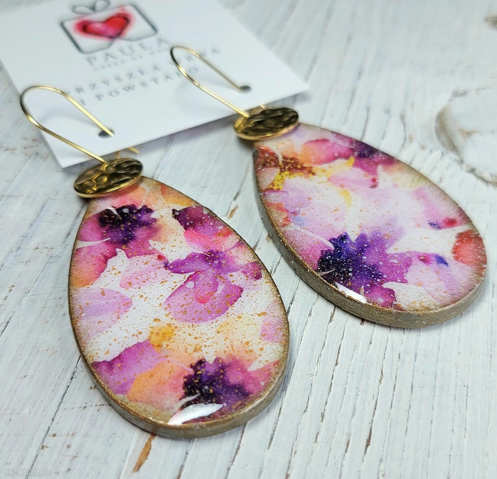 Wiszące kolczyki decoupage Kwiaty w żywicy ze stali chirurgicznej