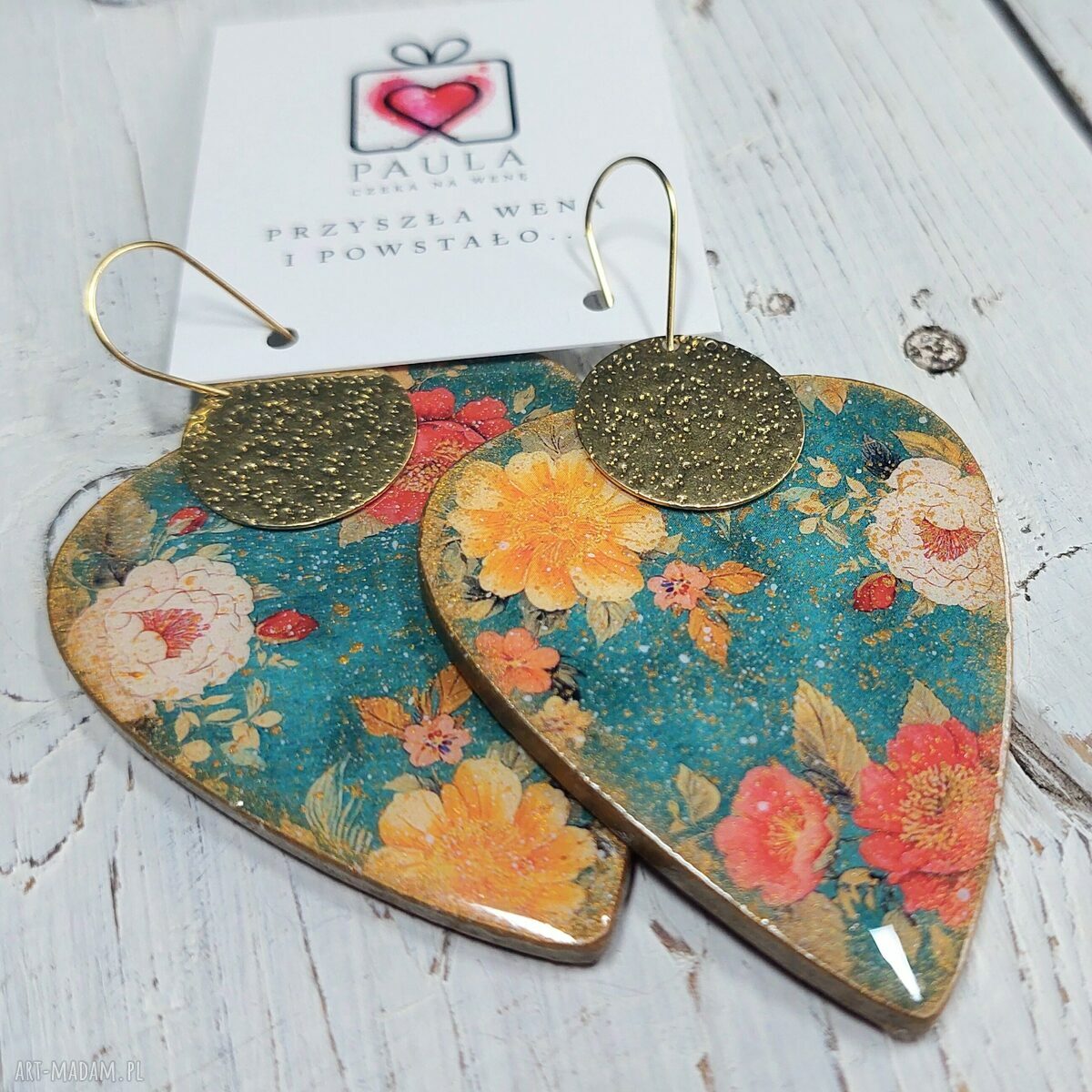 Kolczyki decoupage vintage z kwiatami i żywicą na stali chirurgicznej