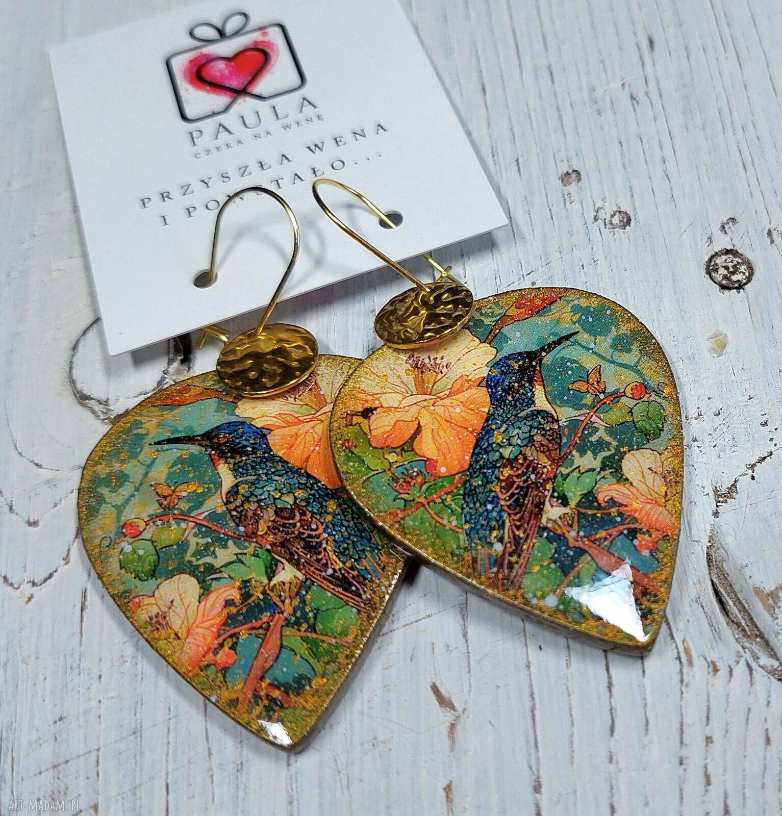 Kolczyki decoupage ze stali chirurgicznej - vintage kwiaty i ptak