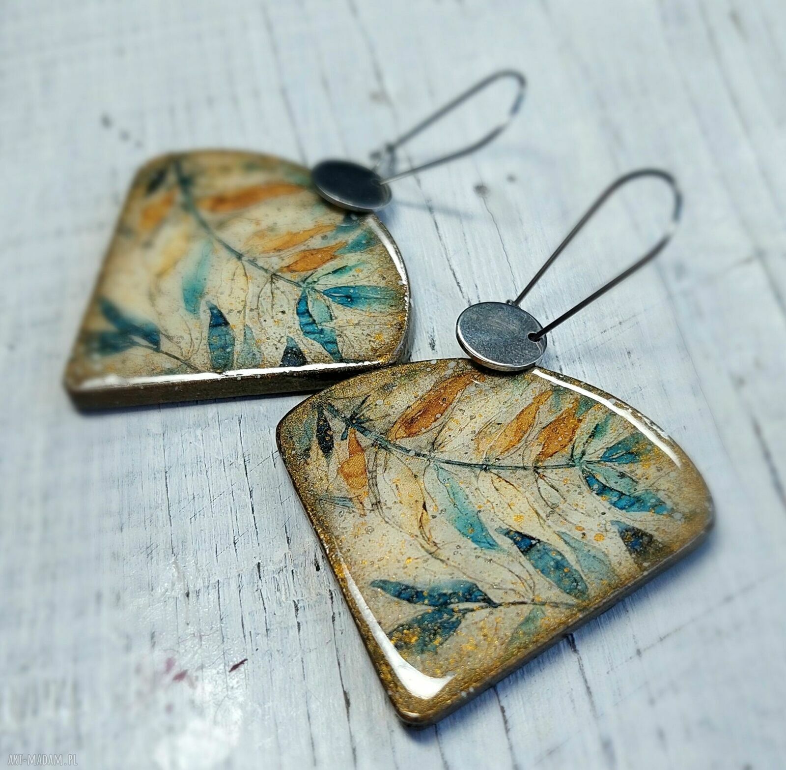 Wiszące kolczyki decoupage - jesień vintage, motyw roślinny, żywica UV stal chirurgiczna