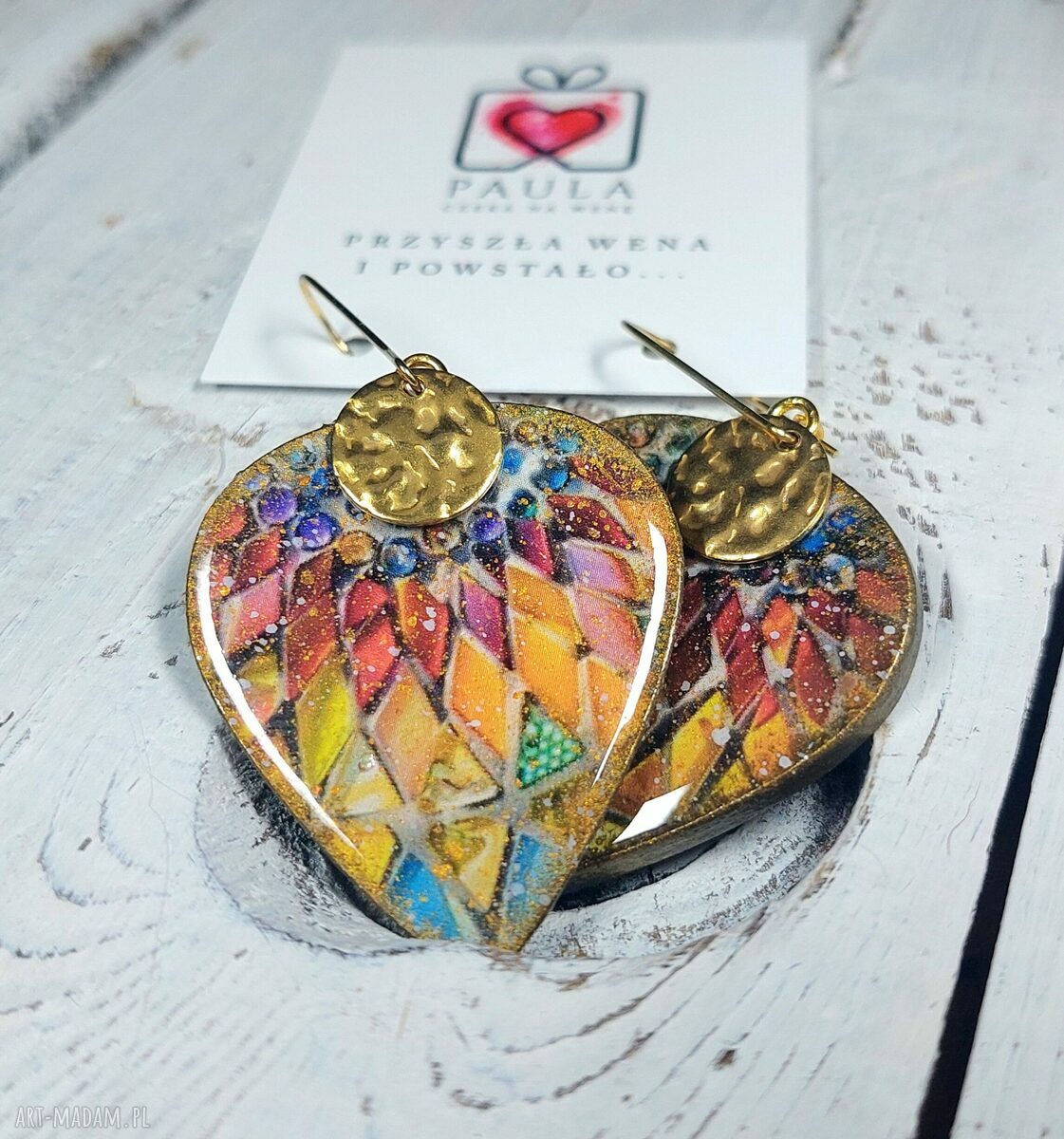 Kolczyki decoupage z efektem witrażu - żywica i stal chirurgiczna