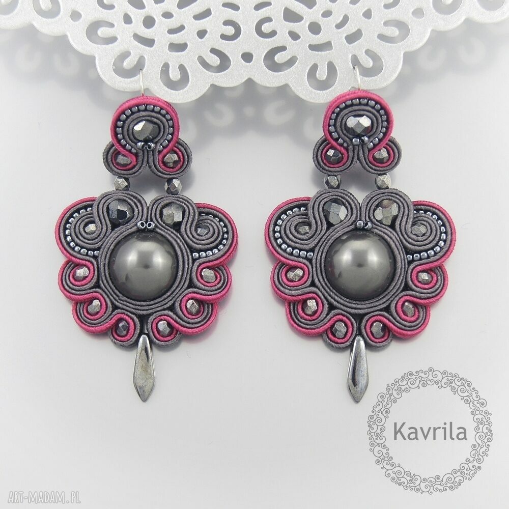 Kolczyki desing grey soutache swarovski sutasz wykonane techniką