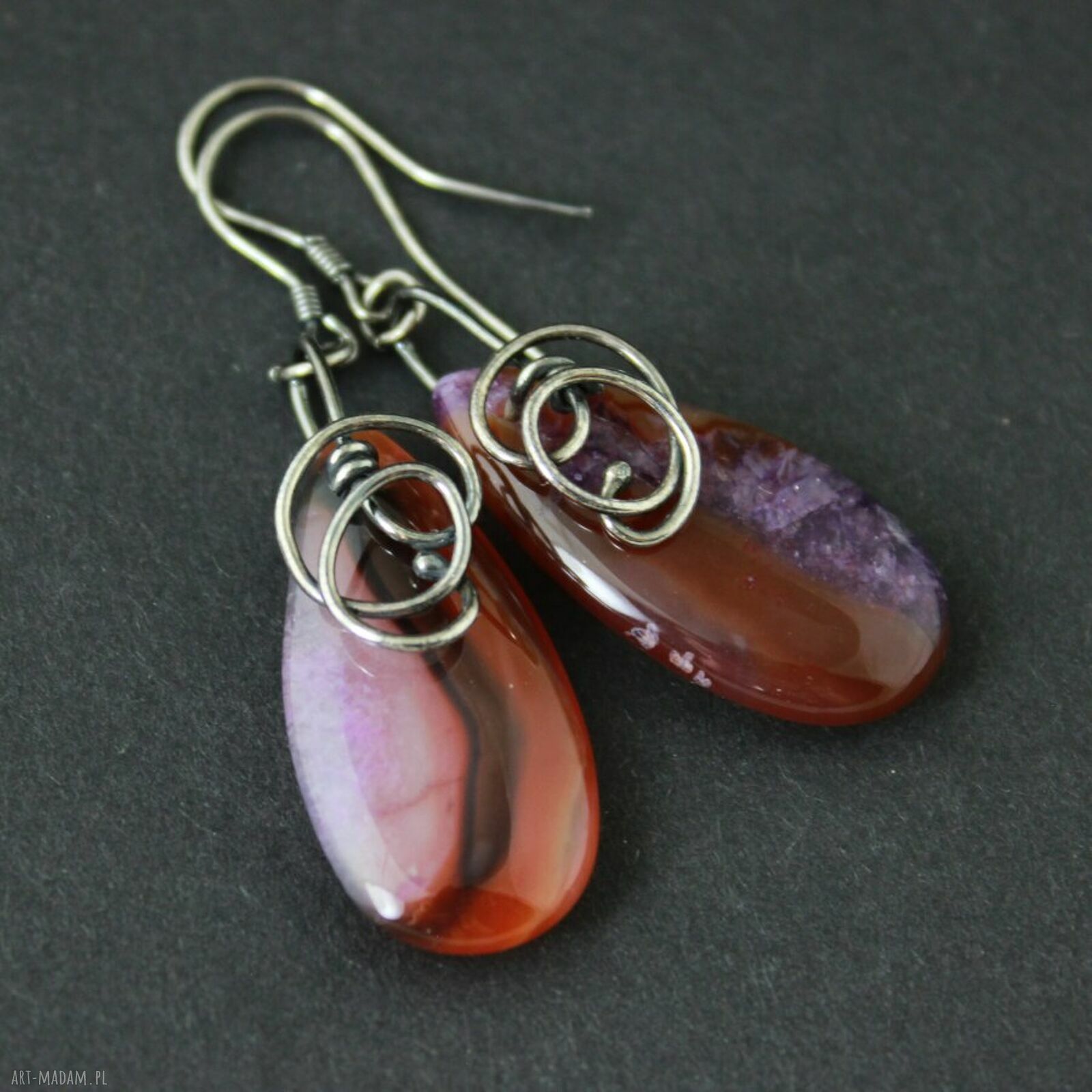 Kolczyki Eby - agat i oksydowane srebro 925 handmade