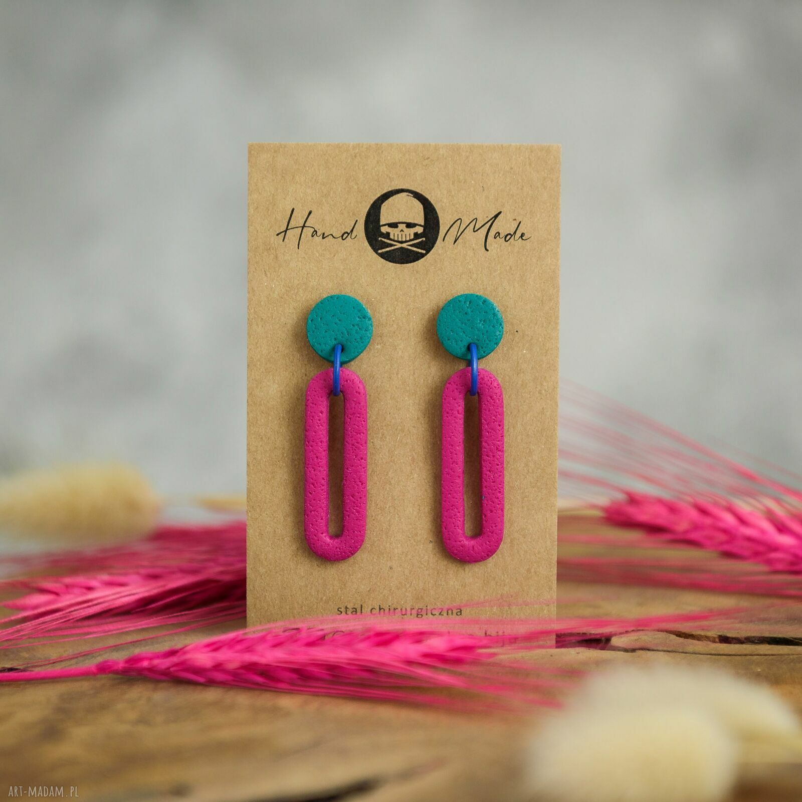 Kolczyki Emma - różowo-szmaragdowe handmade z glinki polimerowej