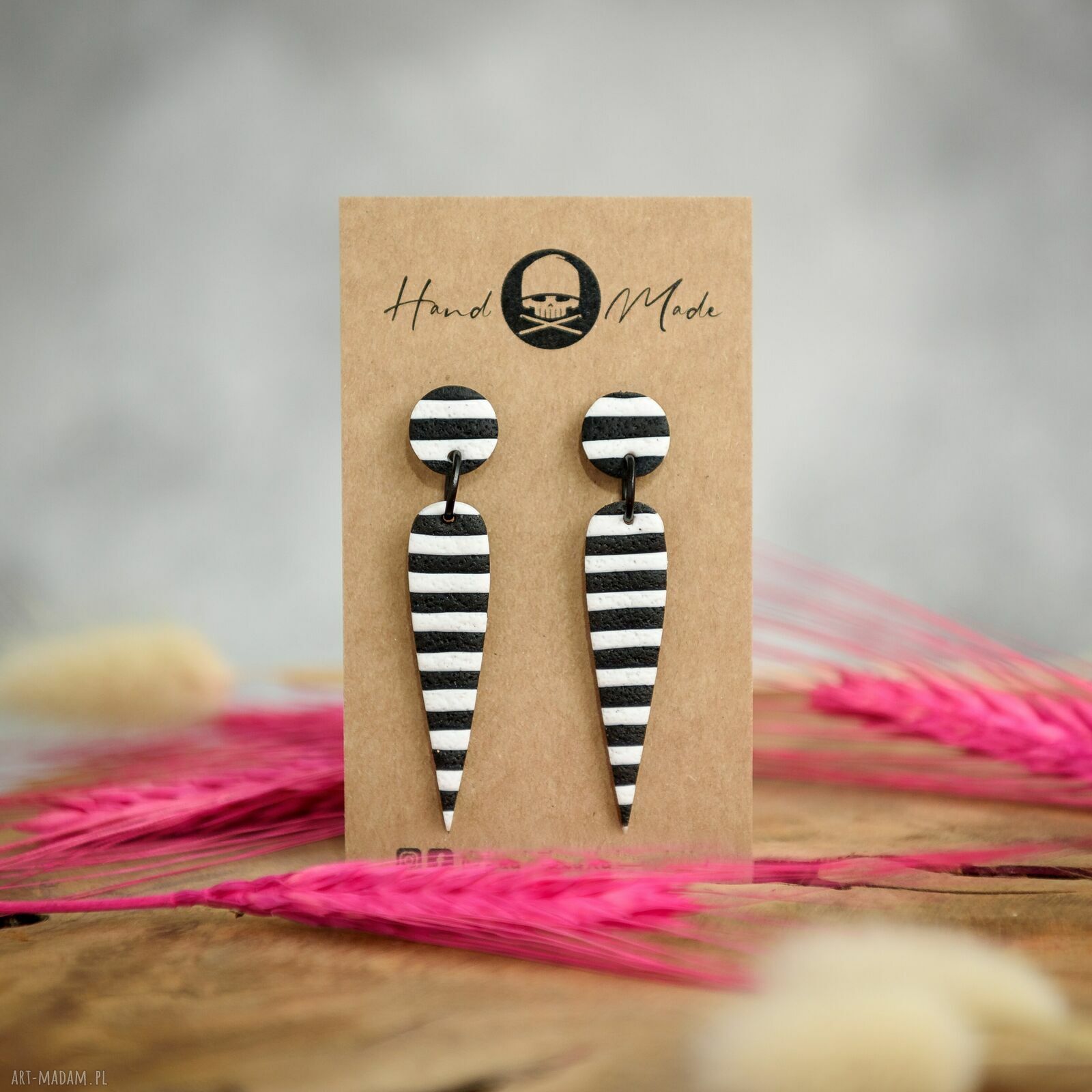 Kolczyki Fibi czarno-białe w paski z modliny - wiszące handmade