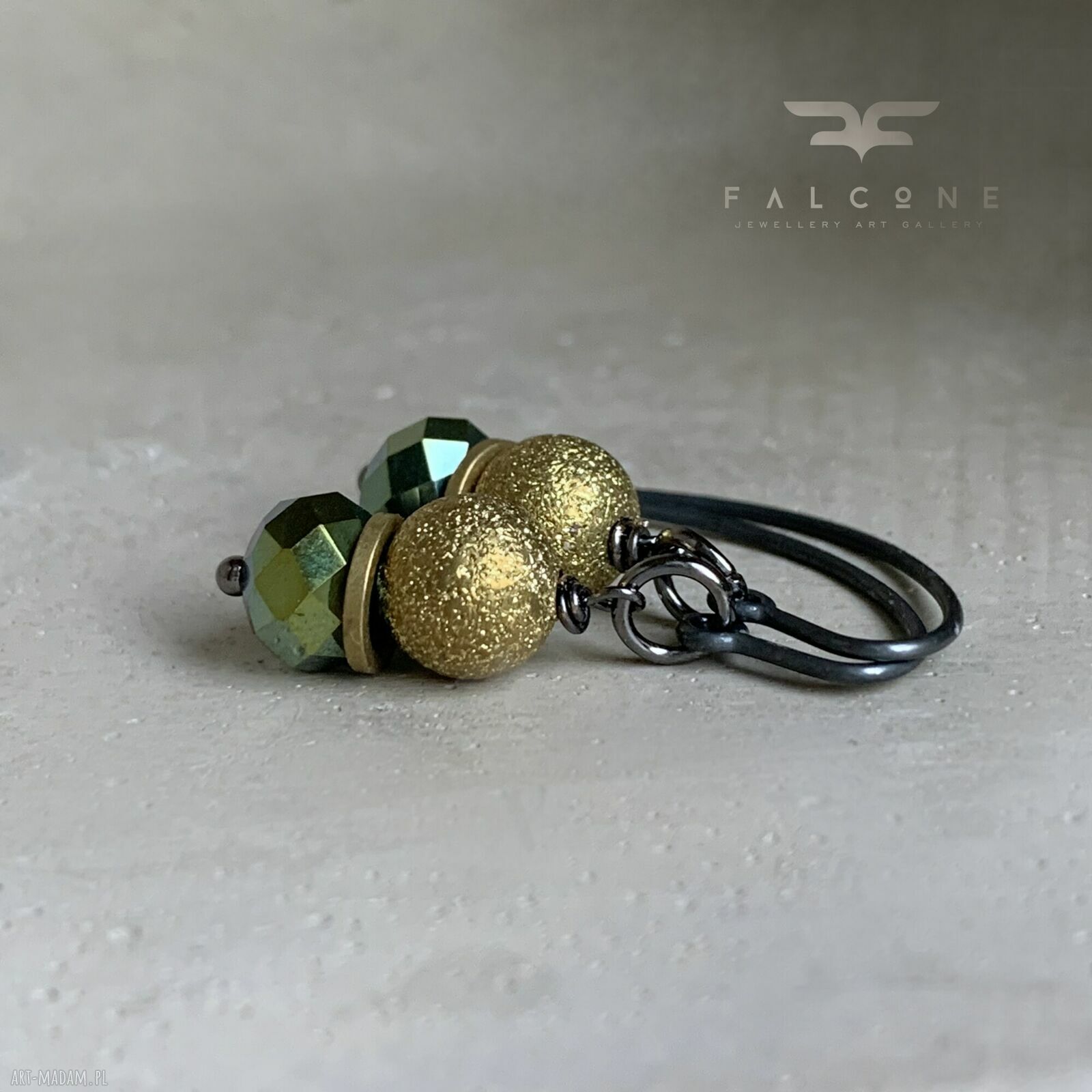 Kolczyki Golden Shadow & Khaki Green - handmade ze srebra 925, mosiądzu i szkła