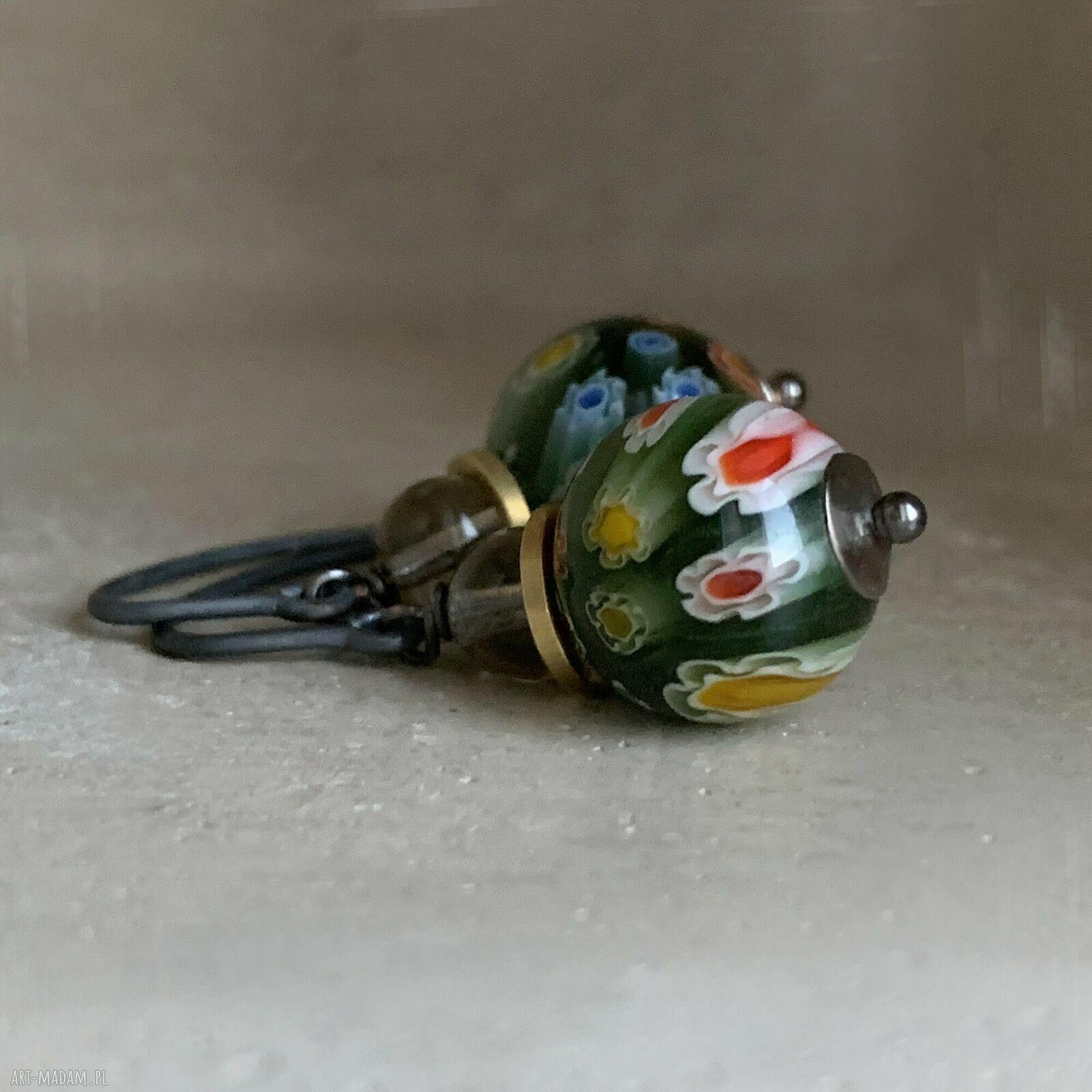 Kolczyki ze szkła millefiori Green & Smoky Gray z mosiądzem i srebrem 925