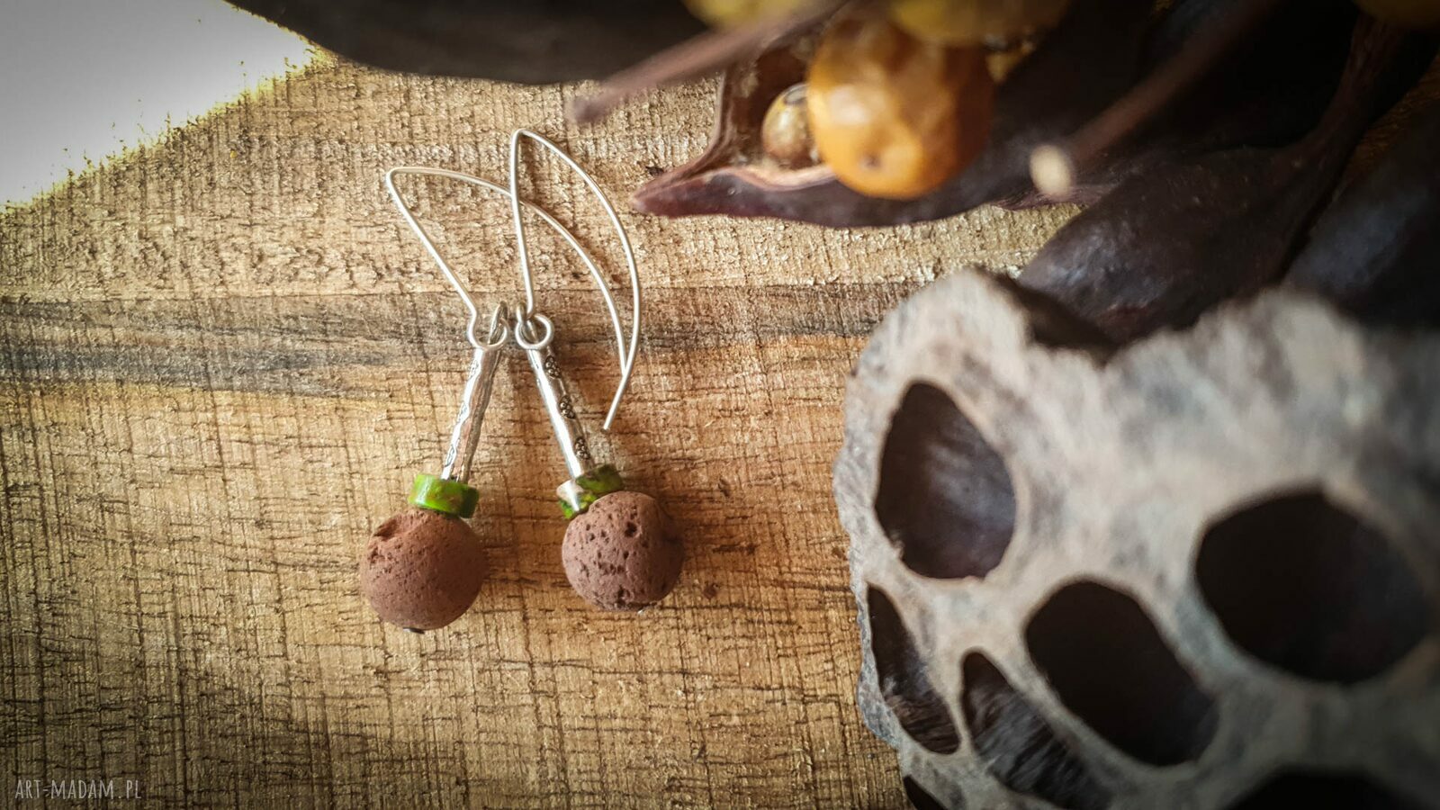 Unikatowe kolczyki handmade: lawa brązowa i jaspis impresja