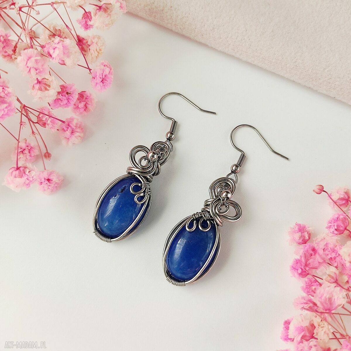 Kolczyki Jadeit Niebieski ze stali chirurgicznej - handmade wirewrapping