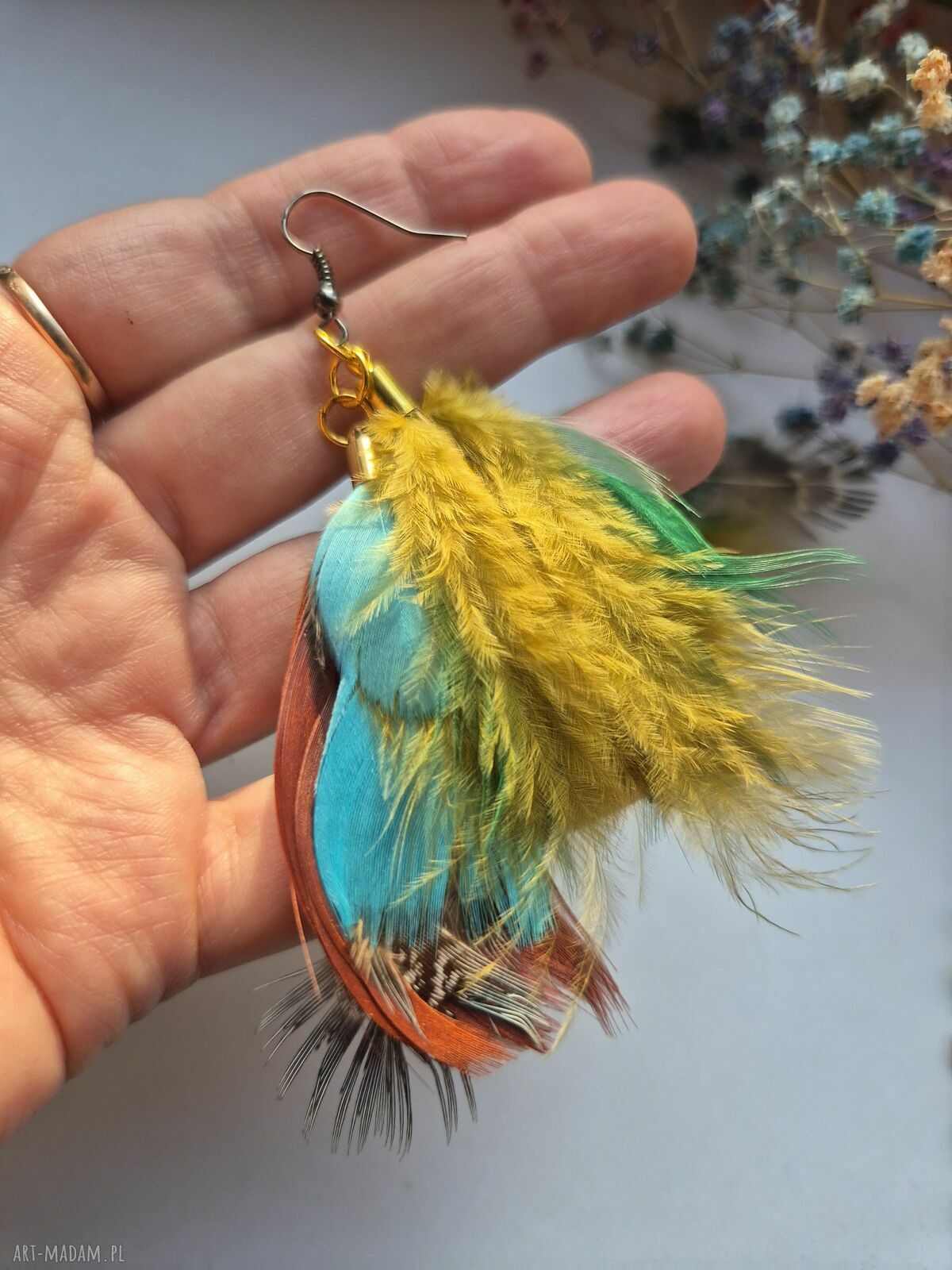 Kolczyki jesienne pióra boho - lekkie klipsy, ręcznie wykonane