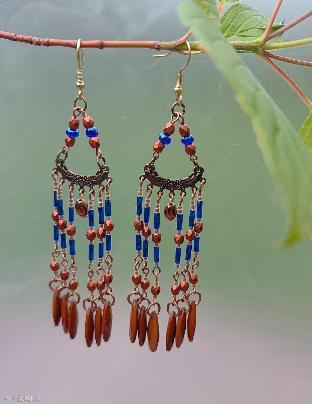 Kolczyki Karmel - długie frędzle szafir, boho-orientalne 11,5 cm