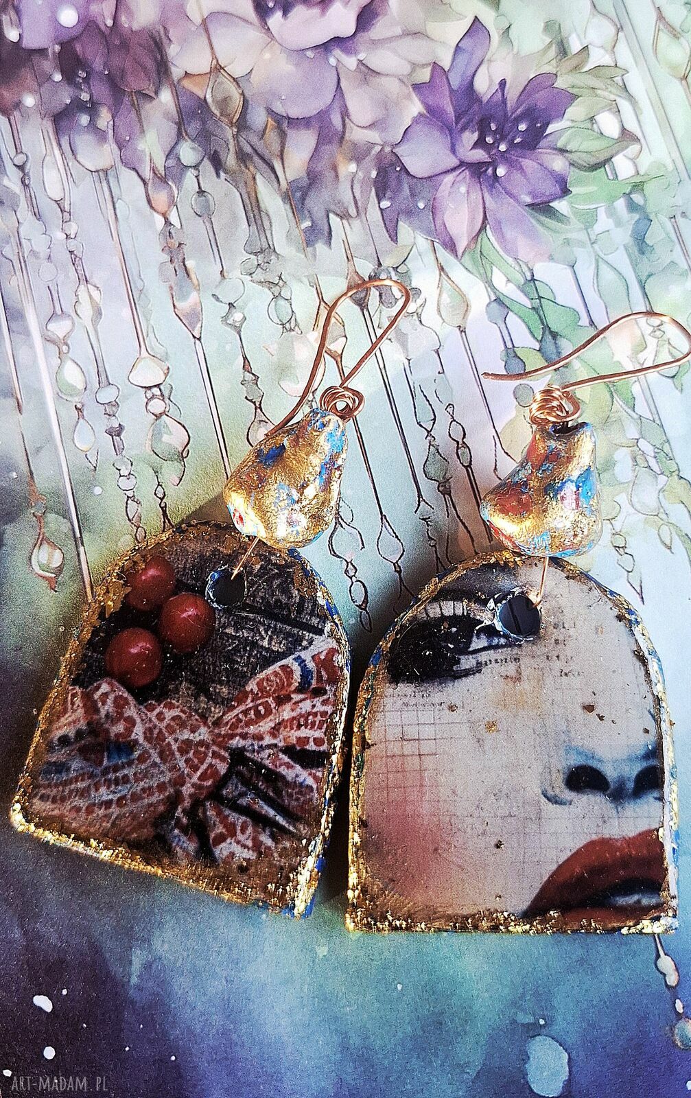 Czerwone kolczyki handmade z motywem kobiecej twarzy