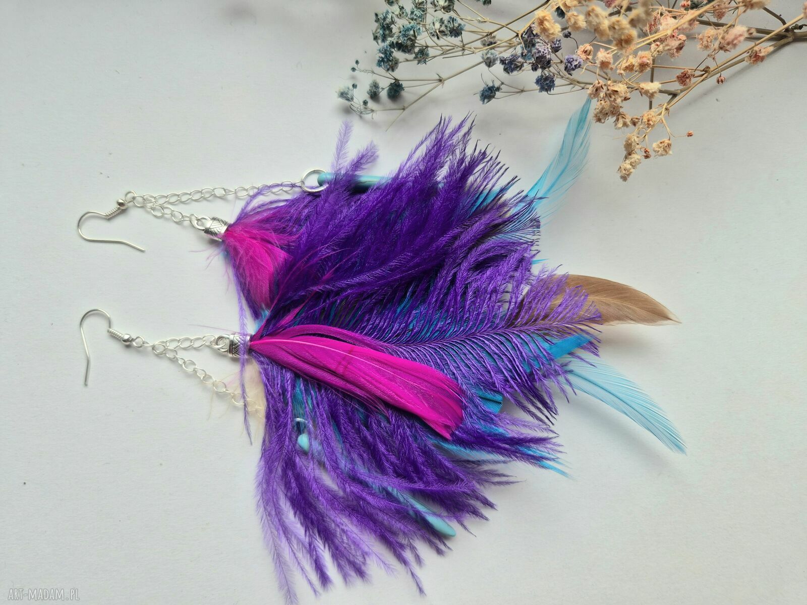 Kolczyki kolorowe pióra - energetyczne boho, duże i lekkie handmade