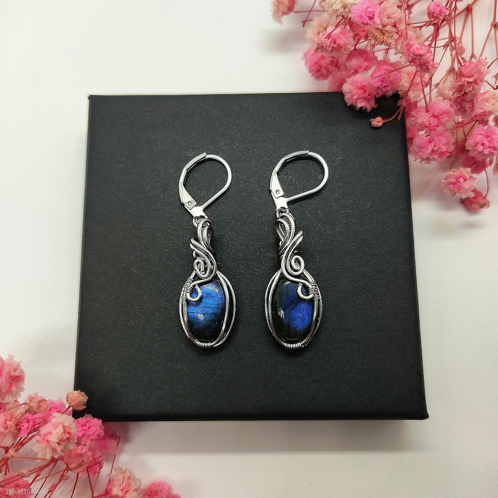 Kolczyki Labradoryt ze stali chirurgicznej - handmade wirewrapping