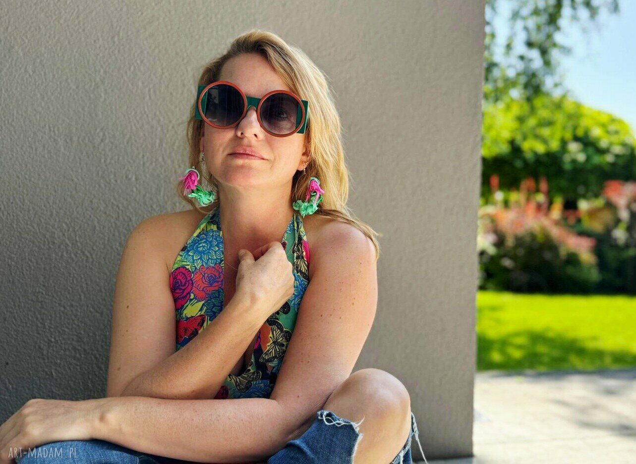 Kolczyki leciutkie kwiaty różowo-zielone w stylu boho i etno