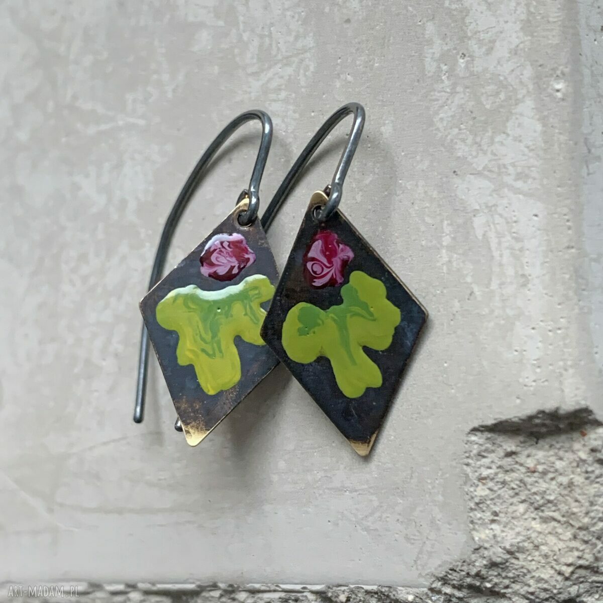 Kolczyki Little Flowers - bordo & green lime - ręcznie zdobione