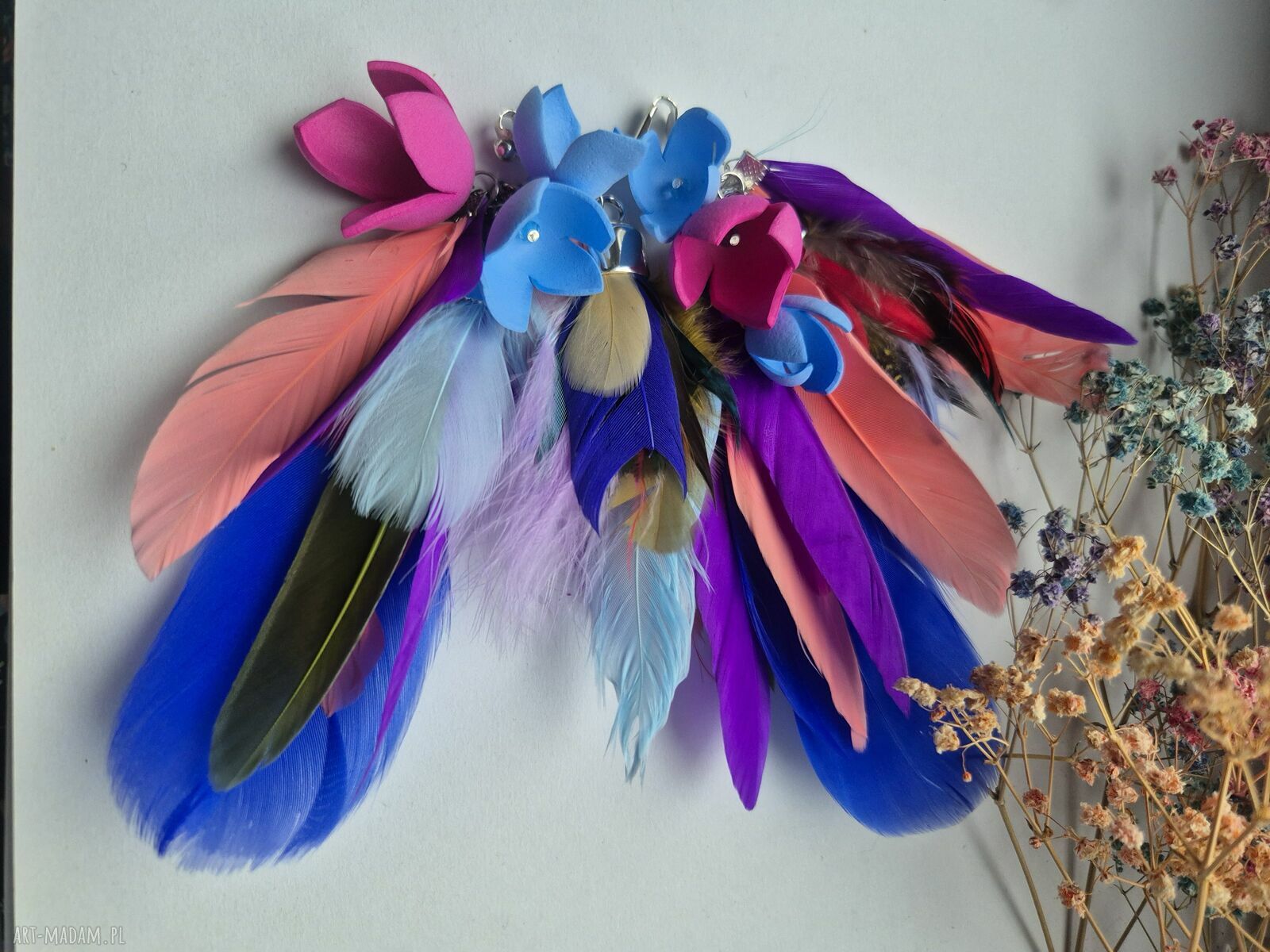 Lekkie, duże klipsy Ruda Klara z żółtymi chwostami - styl boho handmade