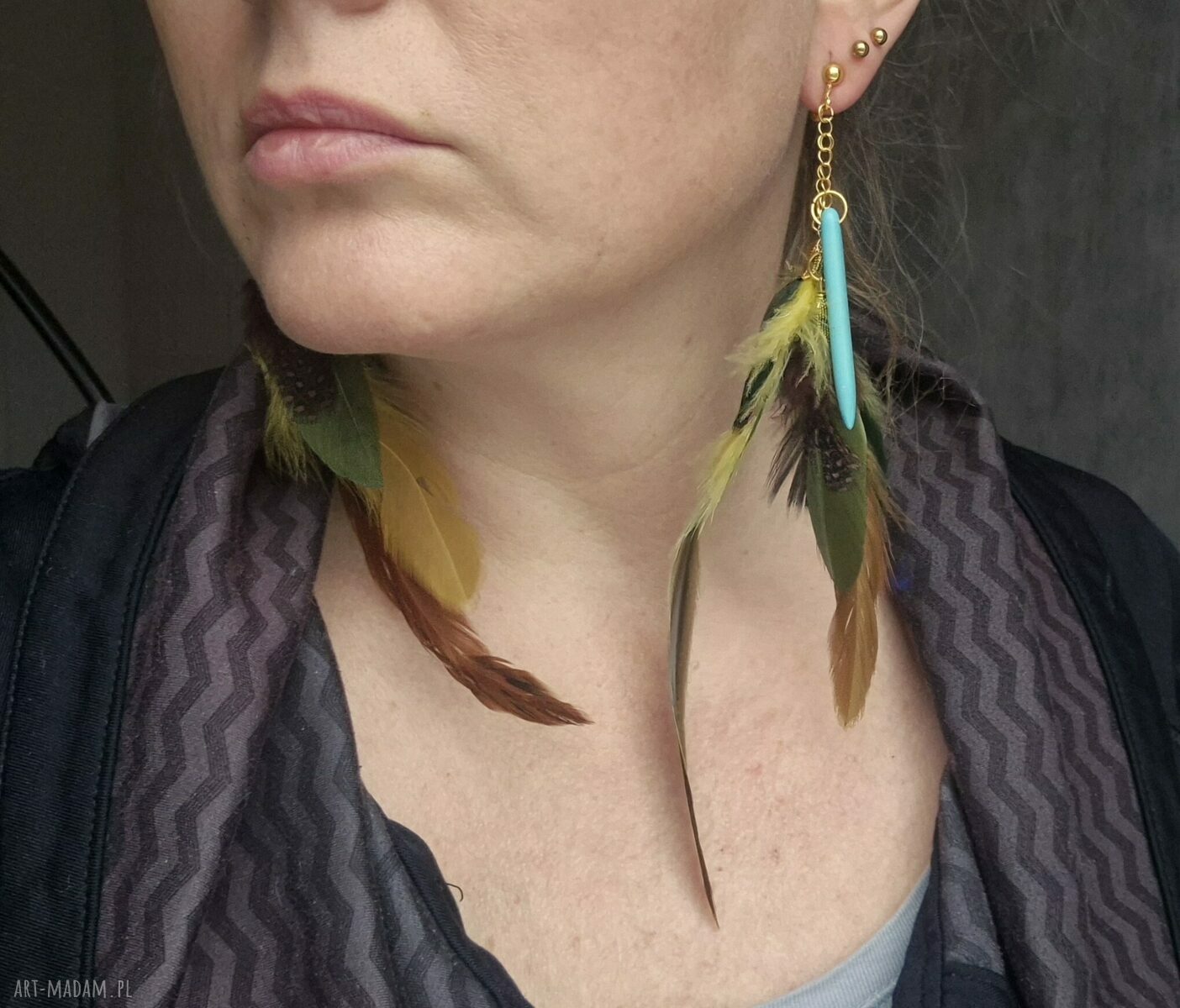Lekkie duże klipsy lub kolczyki z piórami boho - Ruda Klara
