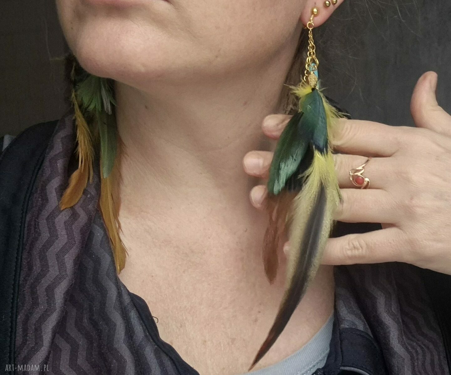 Lekkie duże klipsy lub kolczyki z piórami boho - Ruda Klara