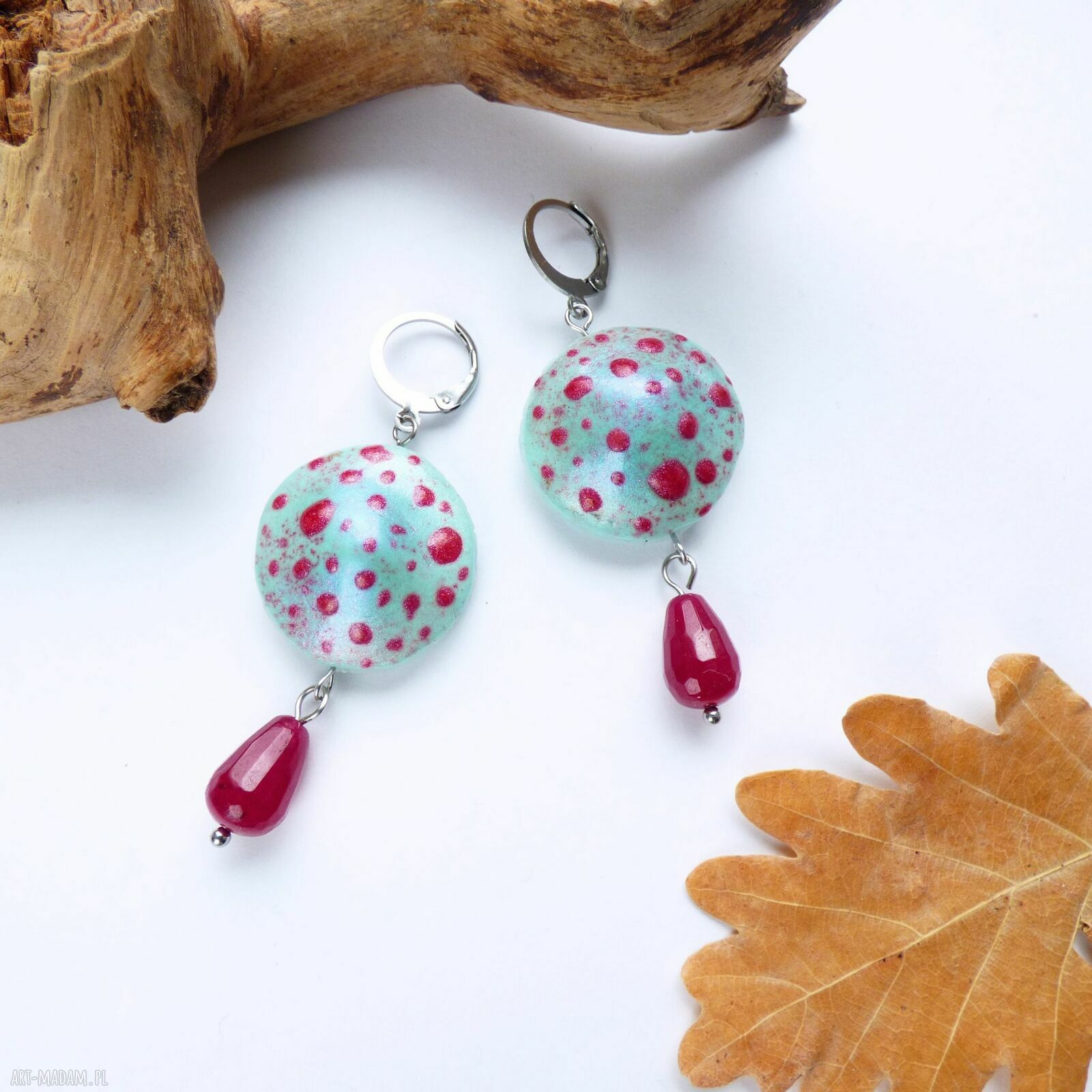 Kolczyki „Miętowe muchomorki z malinową kroplą jadeitu”
