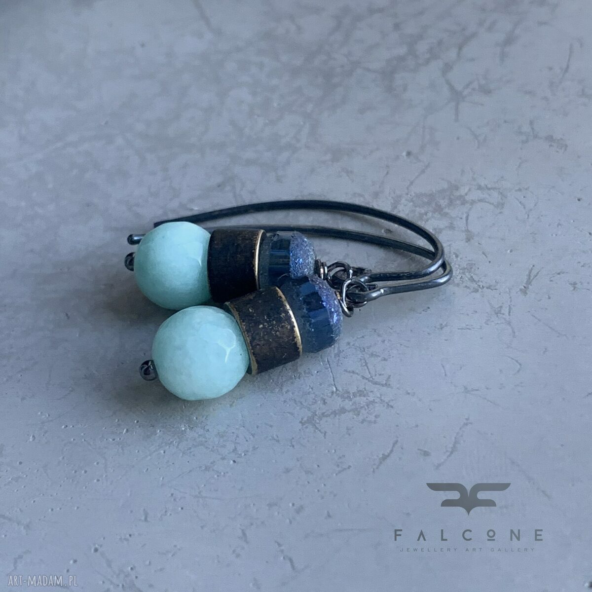 Kolczyki Mint & Denim Blue z jadeitem i szkłem - srebrne bigle 925