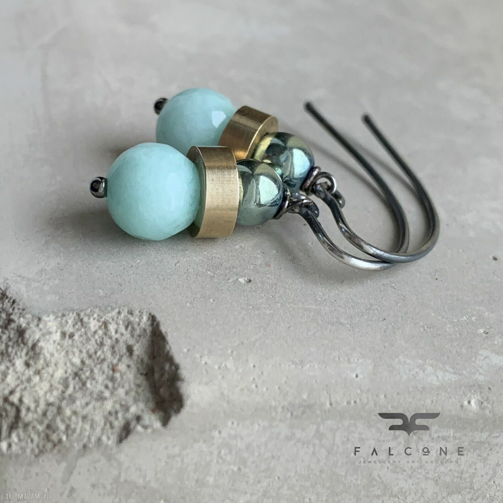 Kolczyki Mint & Scarab Green z jadeitem i hematytem - srebrne bigle z mosiądzu