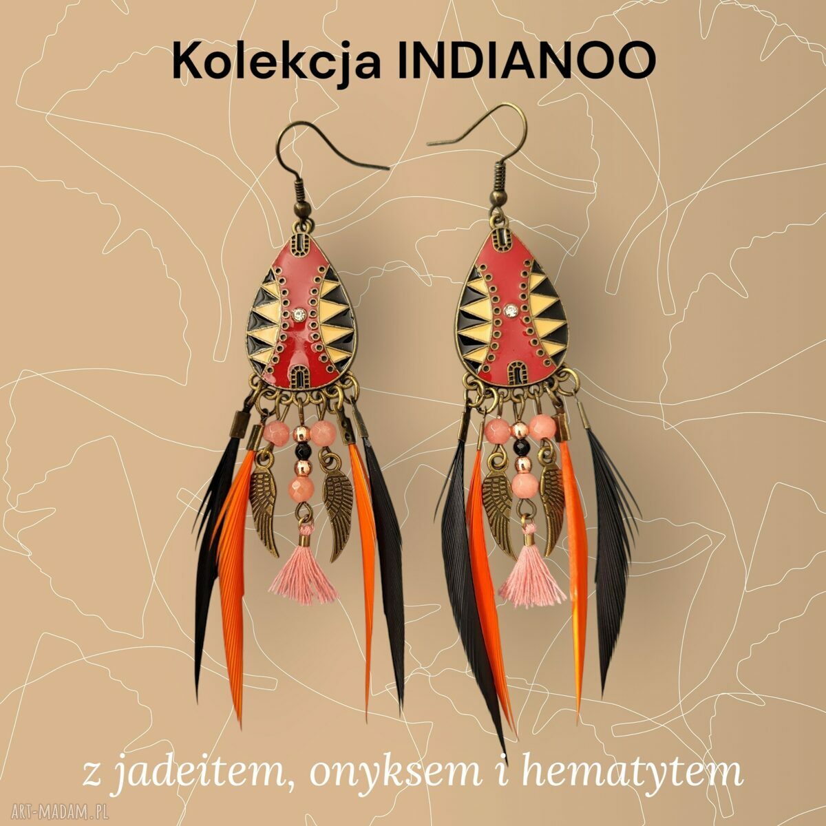 Kolczyki INDIANOO nr 10 - boho z piórkami i etnicznym motywem