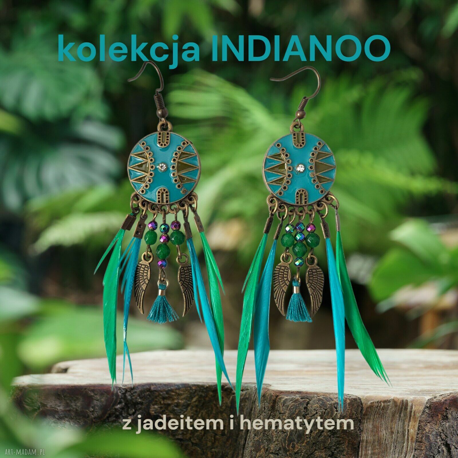 Etniczne kolczyki boho INDIANOO nr 13 - piórka, jadeit i cyrkonia