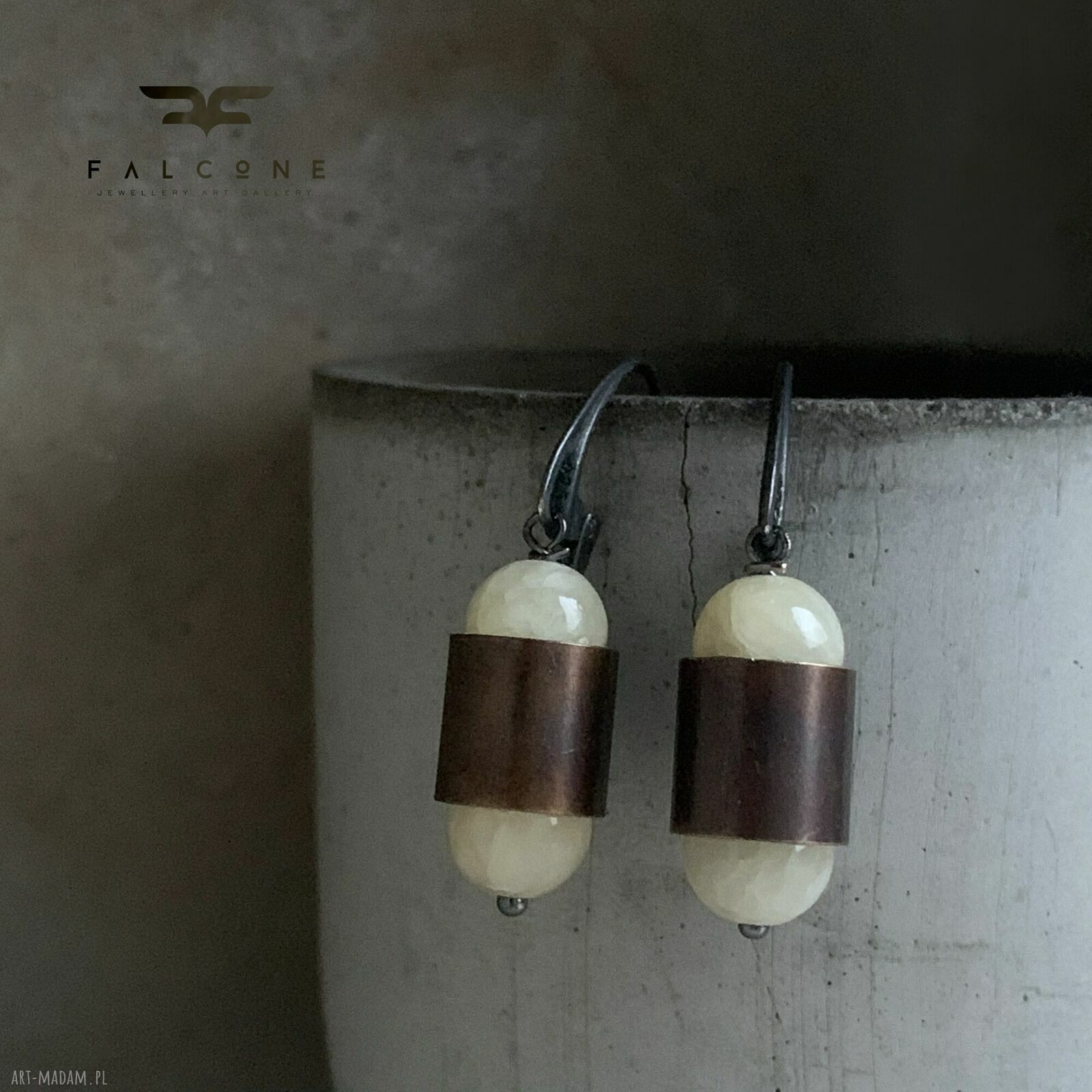 Kolczyki Pastel Yellow & Velvet Brown - jadeit w patynowanym mosiądzu srebro 925