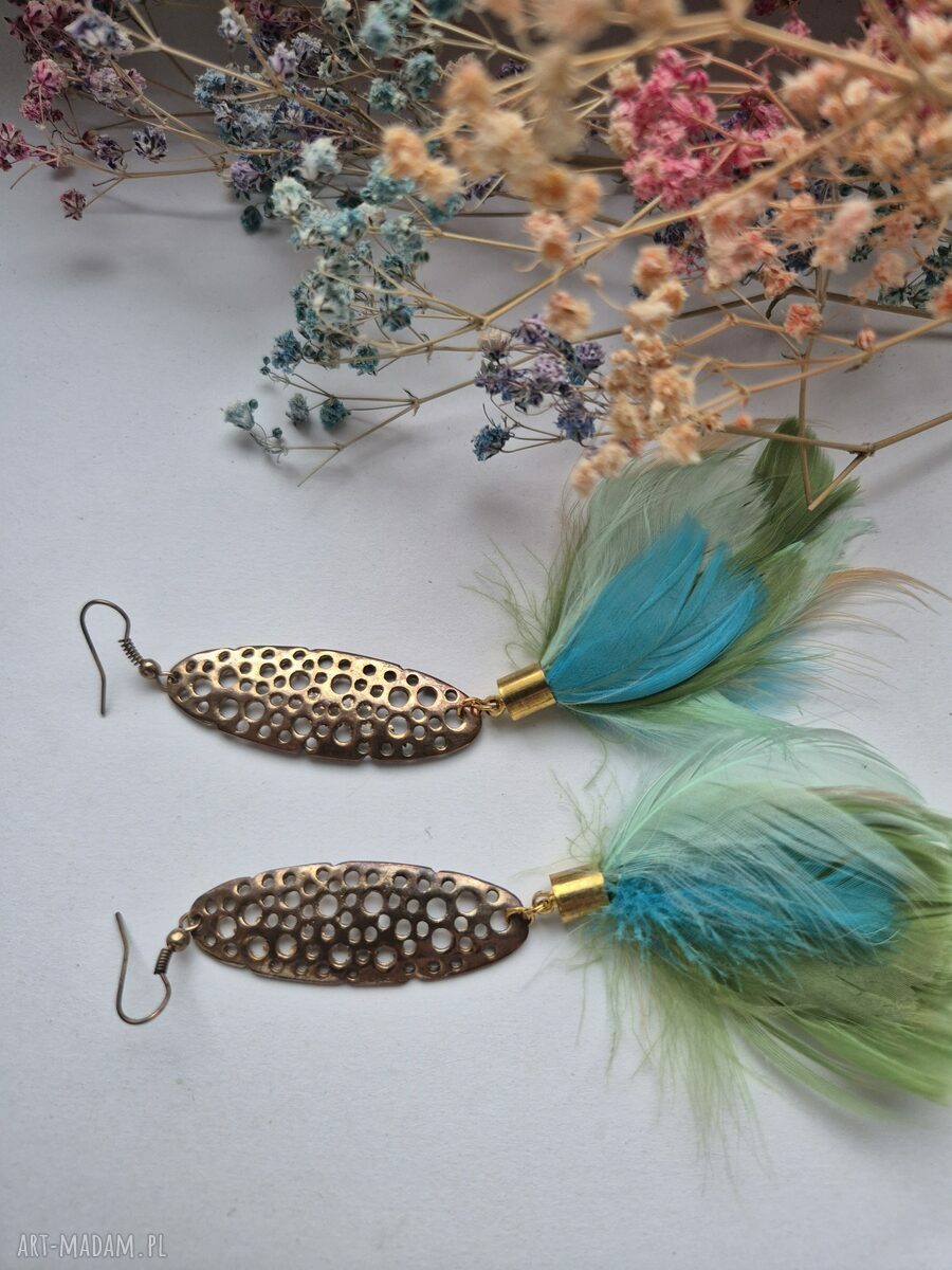 Kolczyki pióra ażurowe w turkusie i zieleni - lekkie boho
