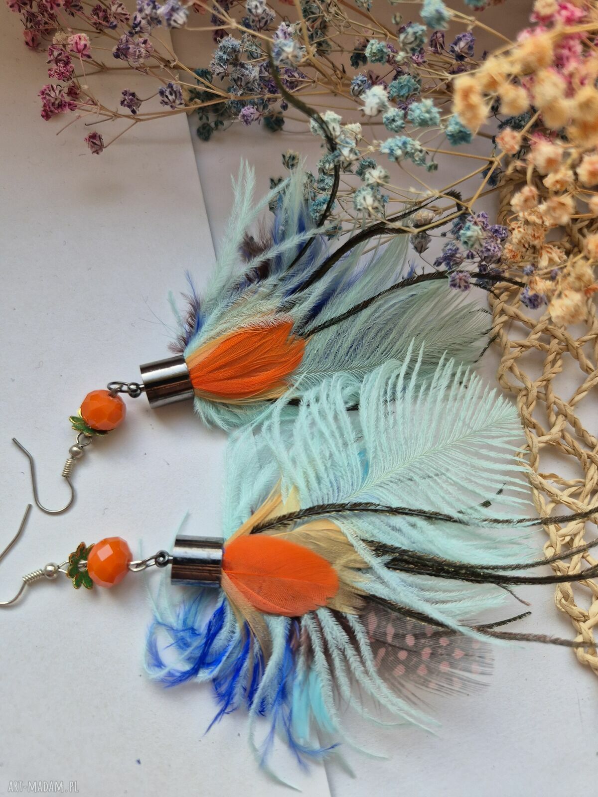 Kolczyki pióra Boho Ruda Klara - lekkie i eleganckie