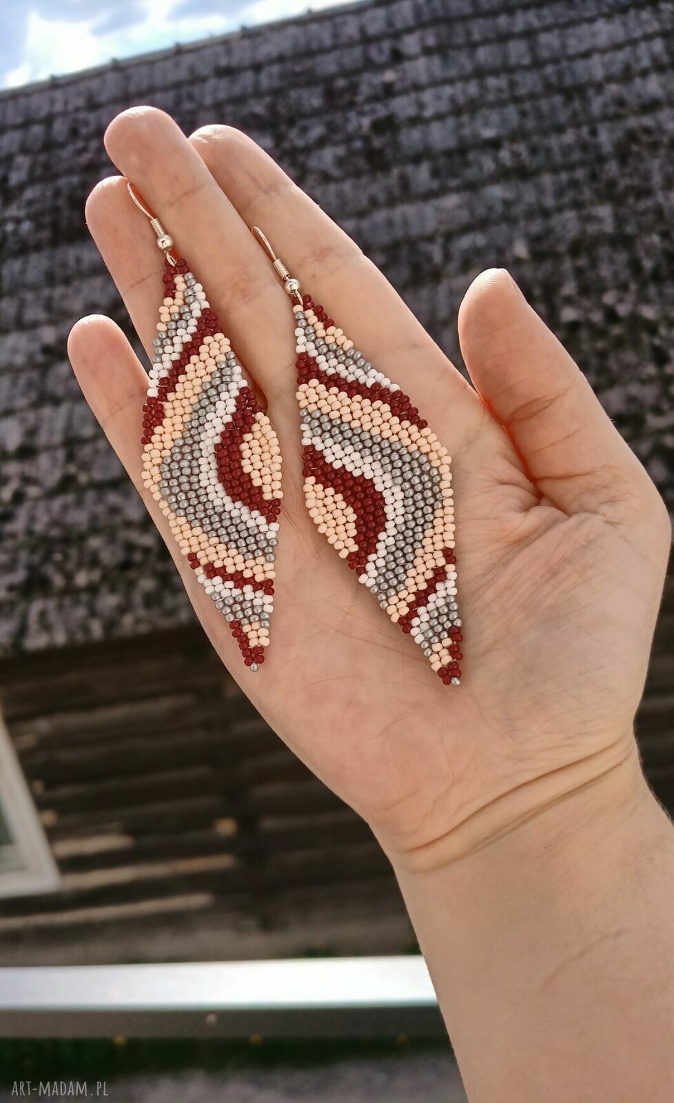 Kolczyki podłużne romby z koralików - ręcznie robione beading