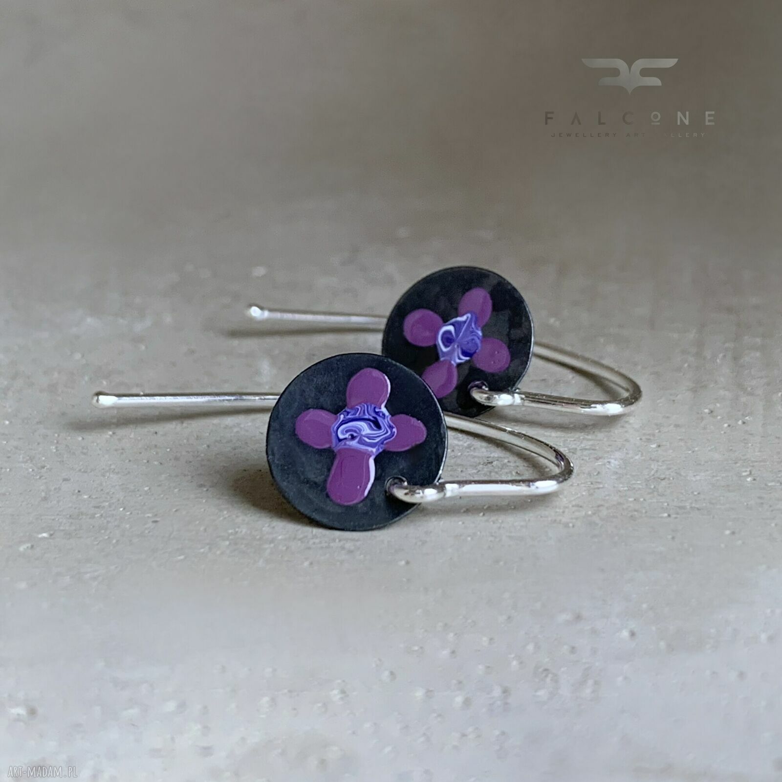 Kolczyki Polne Kwiaty Violet & Purple - srebro 925, emaliowane ręcznie malowane kwiaty