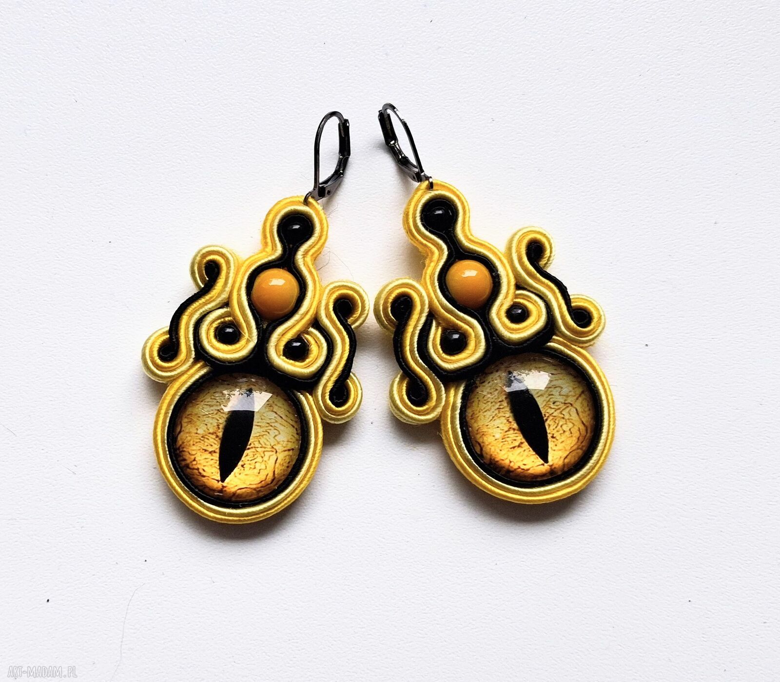 Kolczyki sutaszowe Yellow Dragon - ręcznie haftowane smocze oko 6,5 cm