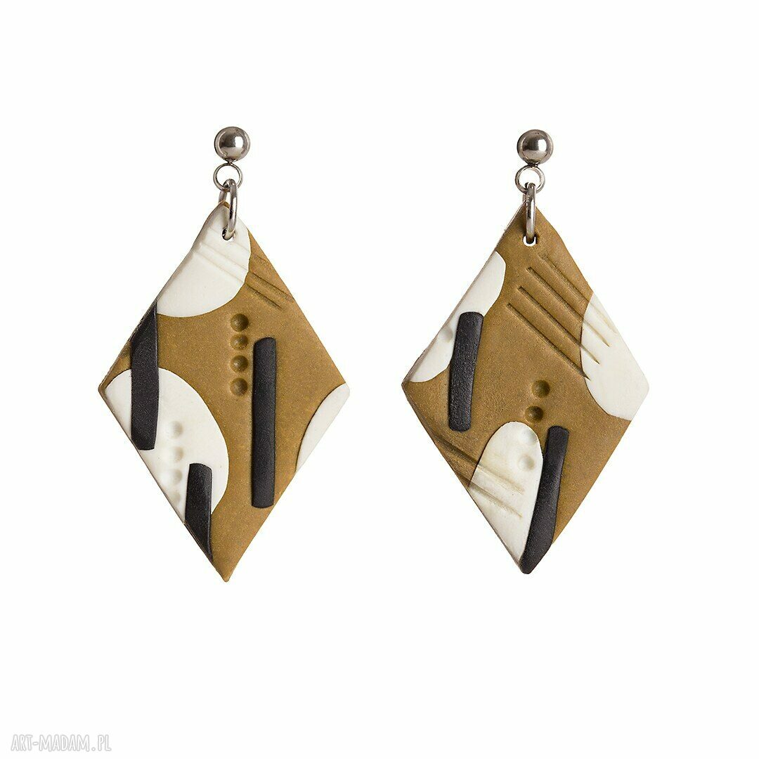 Kolczyki romby - abstrakcja karmelowo-czarno-biała lekkie i hipoalergiczne