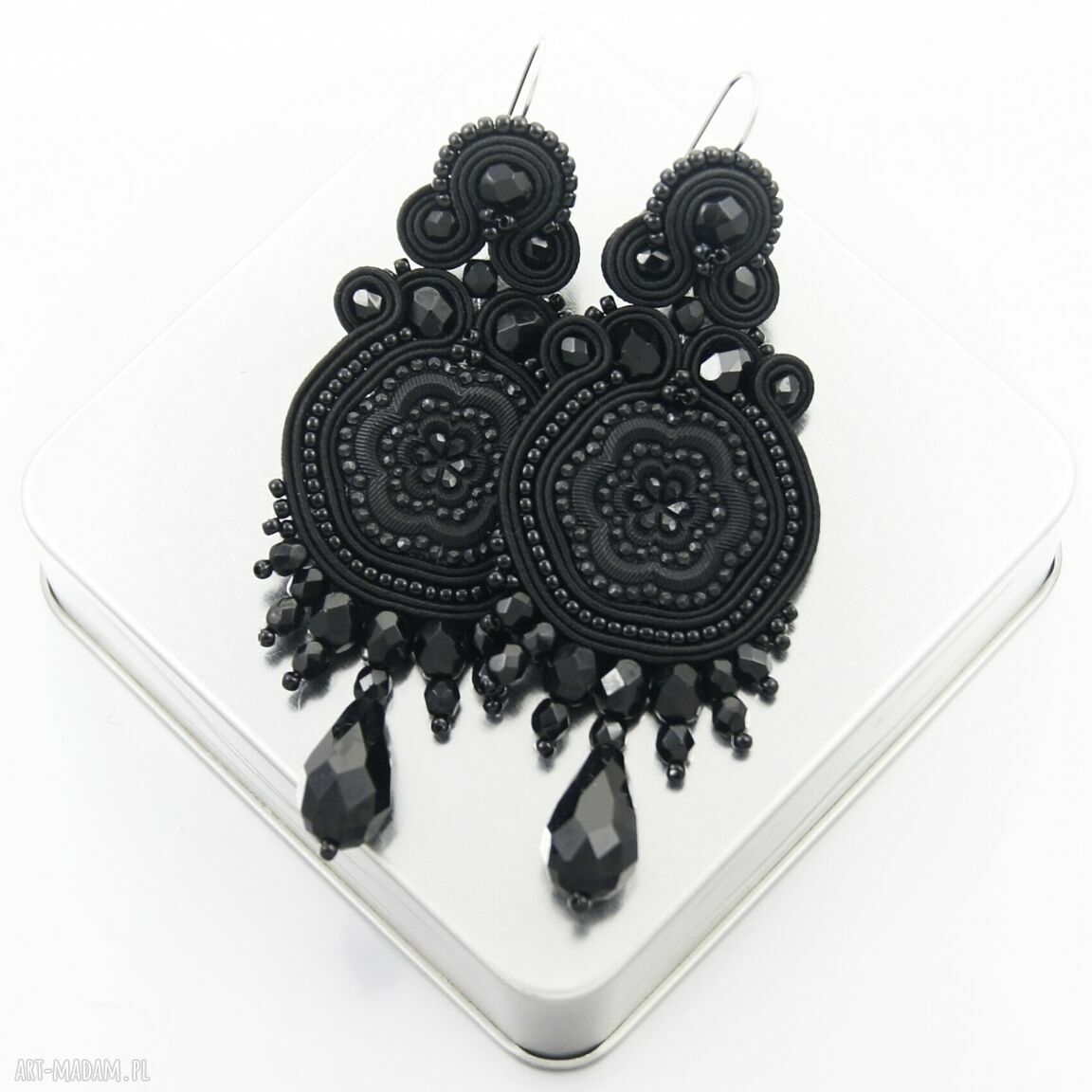 Kolczyki soutache Czarne Kwiaty - wieczorowe 9 cm